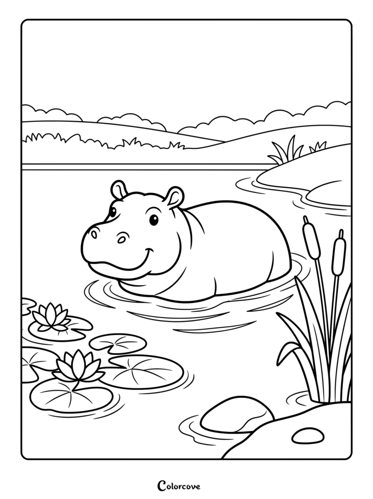 A friendly hippo relaxing in a calm river with water lilies for this coloring page.
