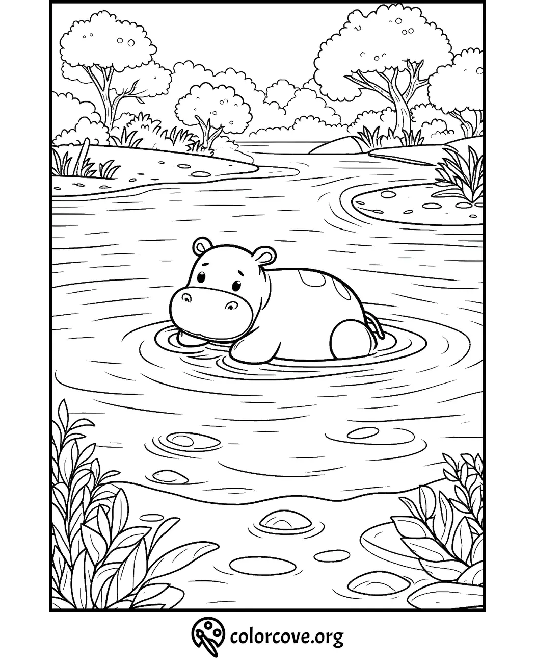 Cute hippo in pond coloring page with trees and bushes, perfect for children's activity. Download at colorcove.org.