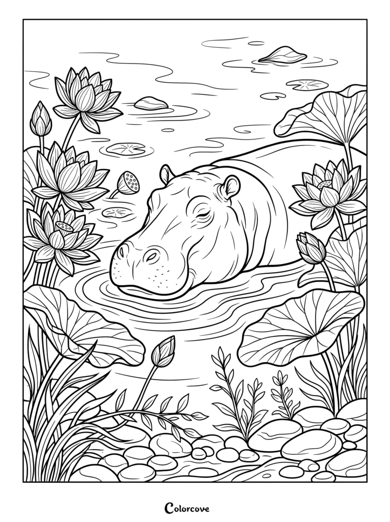 Hippo relaxing in a tranquil pond surrounded by lotus flowers and lily pads coloring page