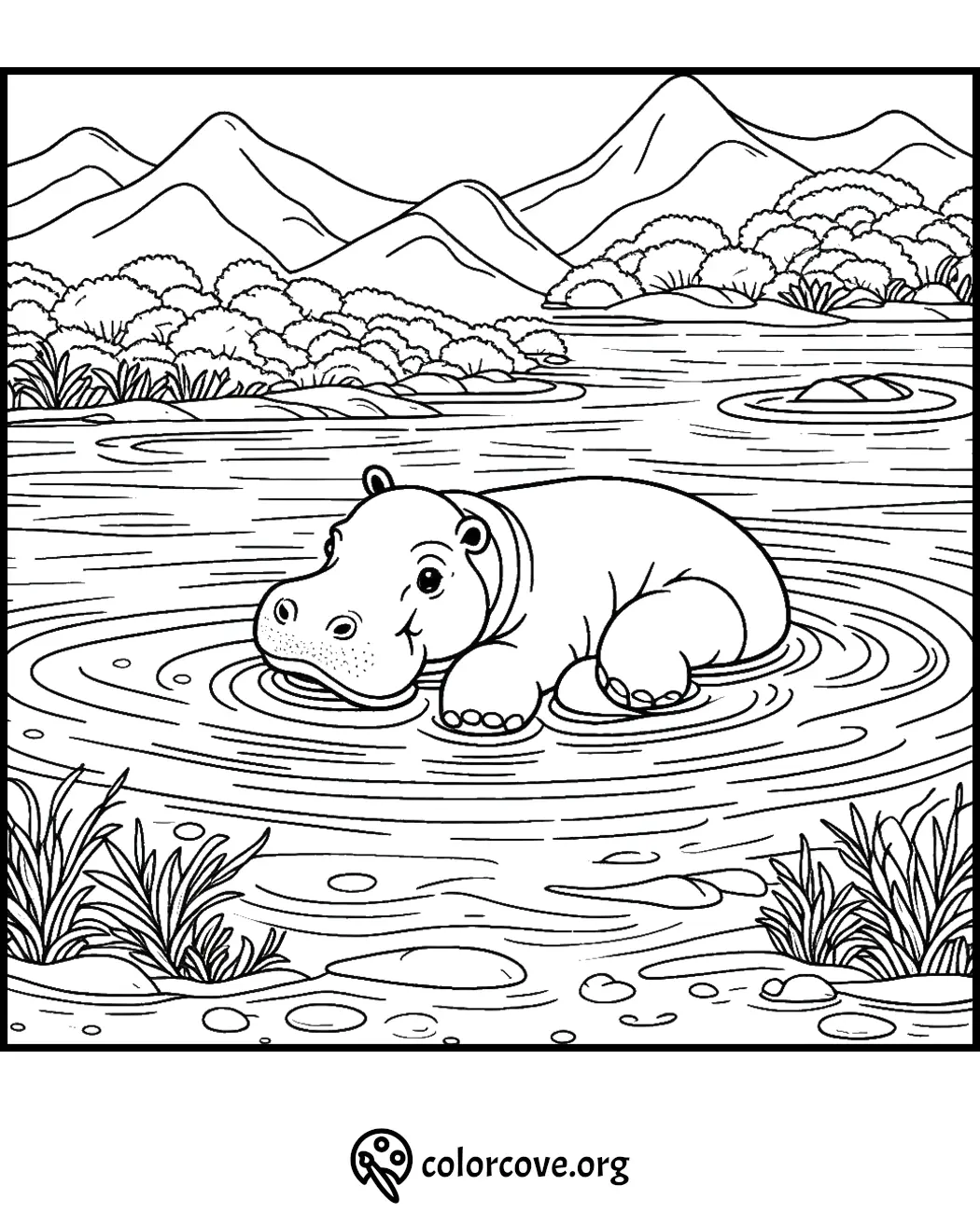 Hippo coloring page: cute hippopotamus in the water with mountains and trees in the background. Kid's coloring activity.