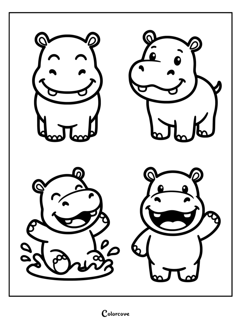 Four cute hippo characters showing different cheerful expressions and poses in a coloring page.