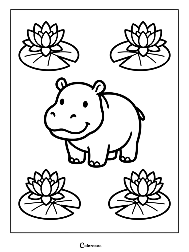 Cute baby hippo coloring page surrounded by four blooming water lilies on lily pads.