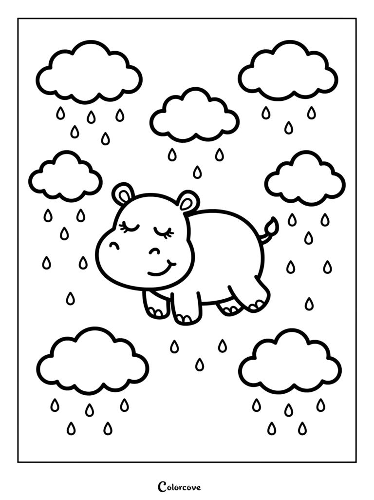 A cute hippo floating happily among rainclouds in a free printable coloring page.