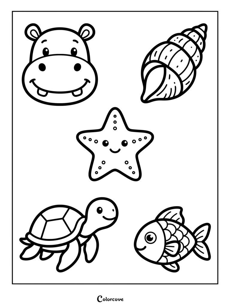 A friendly hippo coloring page surrounded by ocean elements like a shell, starfish, turtle, and fish.