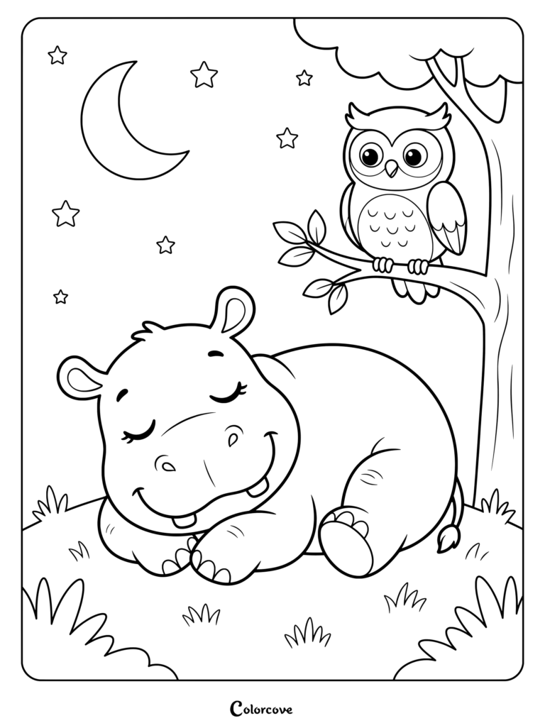 A friendly hippo coloring page showing the animal sleeping peacefully under a crescent moon and stars with an owl watching from a tree branch.