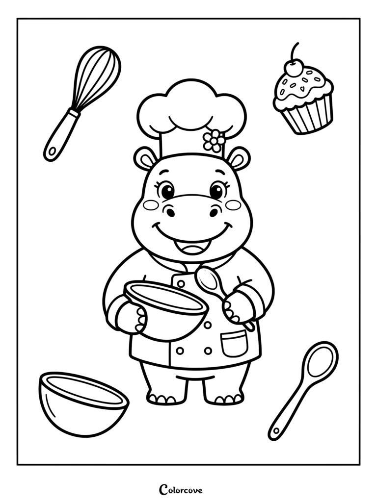 Friendly hippo wearing a chef hat holding a mixing bowl surrounded by baking tools coloring page