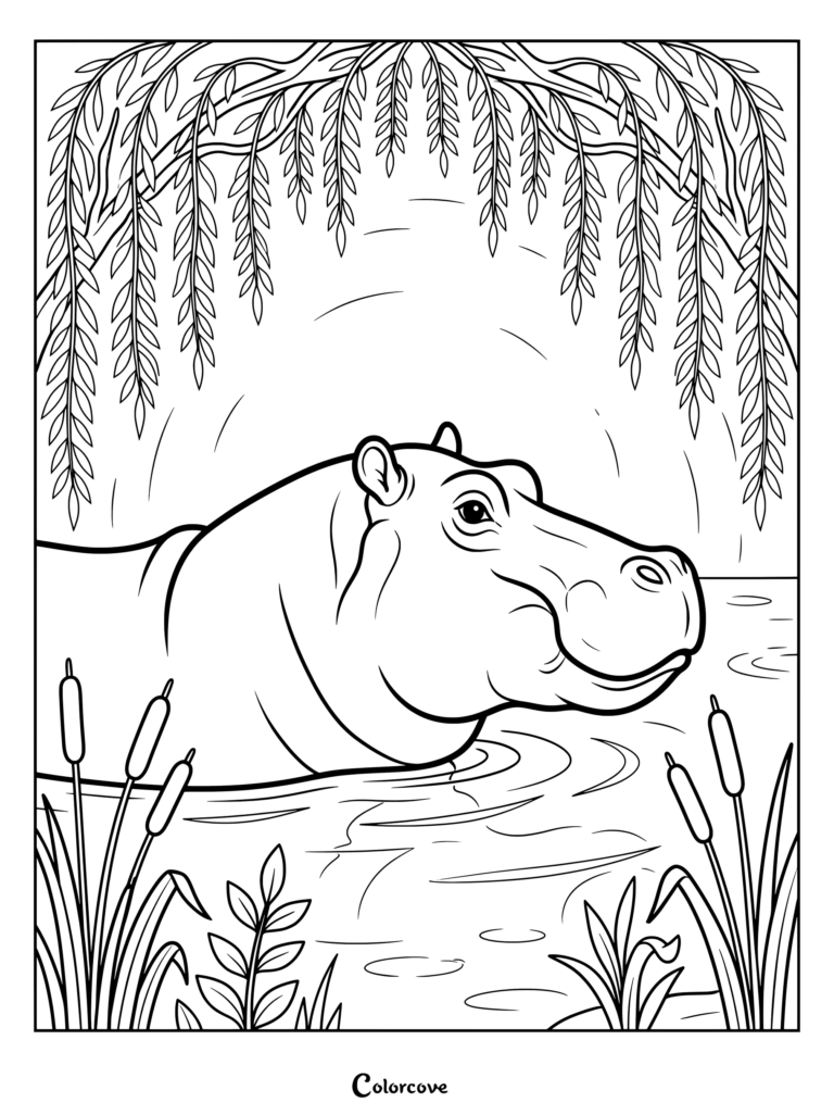 Hippo coloring page featuring an animal wading in a river under willow branches.