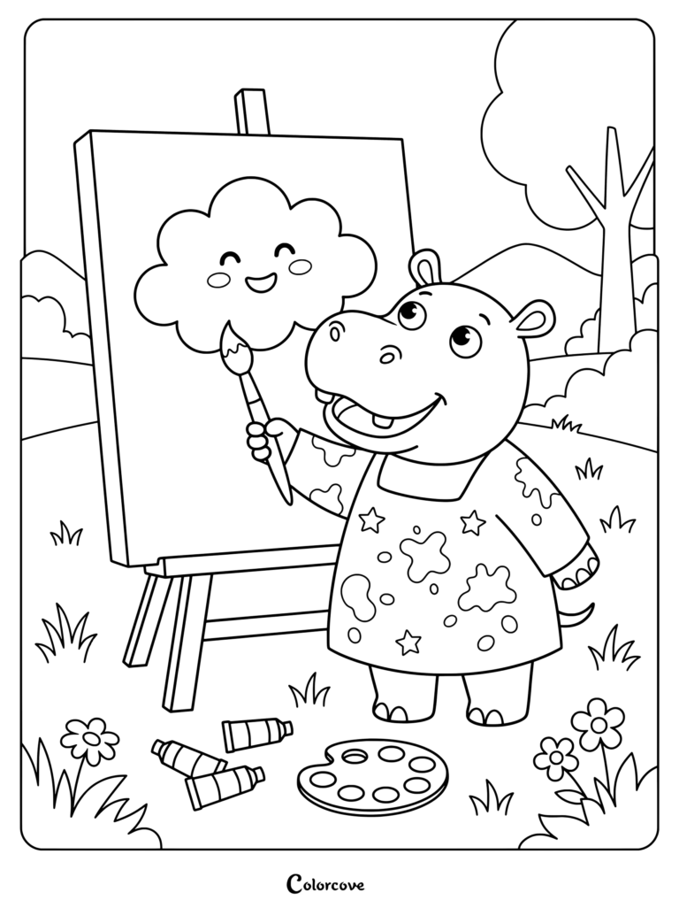 Hippo painting a happy cloud on an easel outdoors coloring page