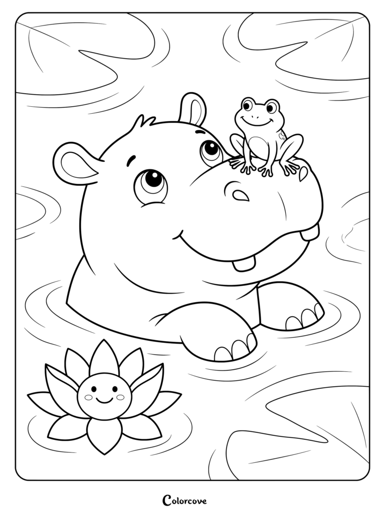 Printable coloring page of a smiling hippo in the water with a friendly frog on its snout.