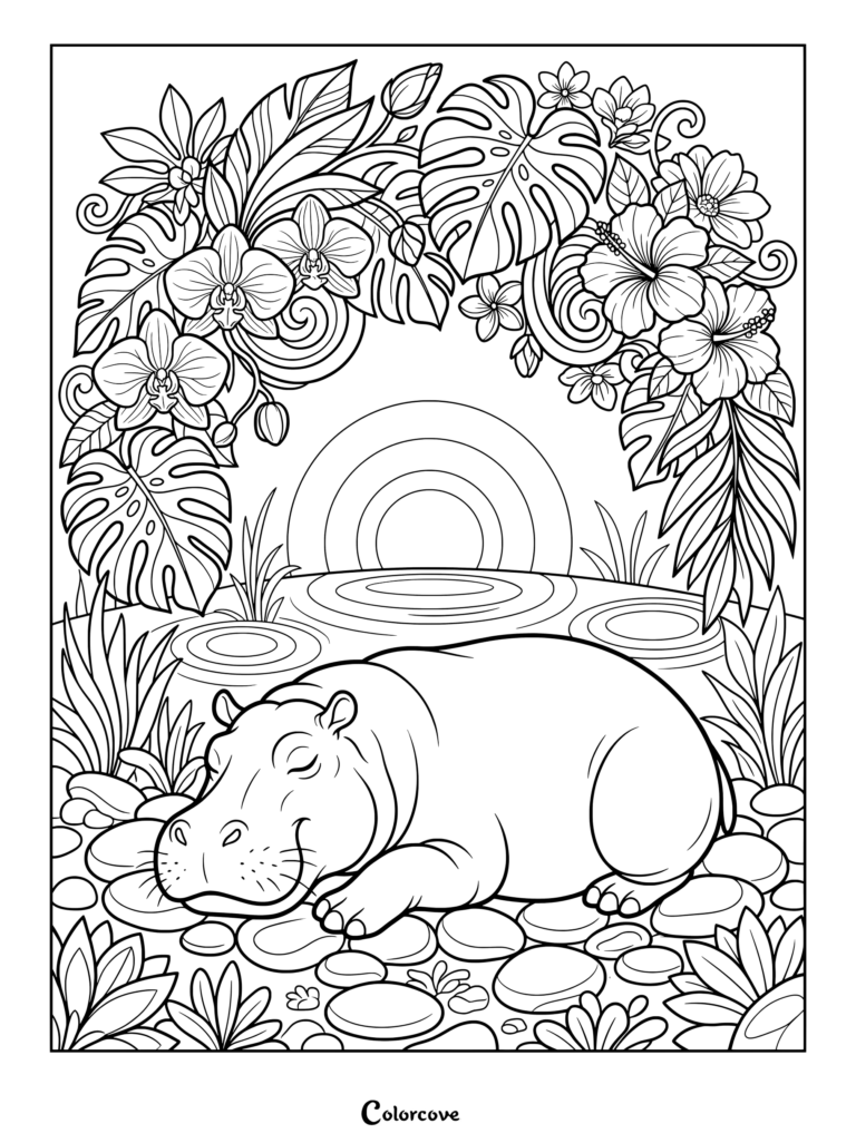 A peaceful hippo sleeping peacefully by the water under a tropical floral arch coloring page.