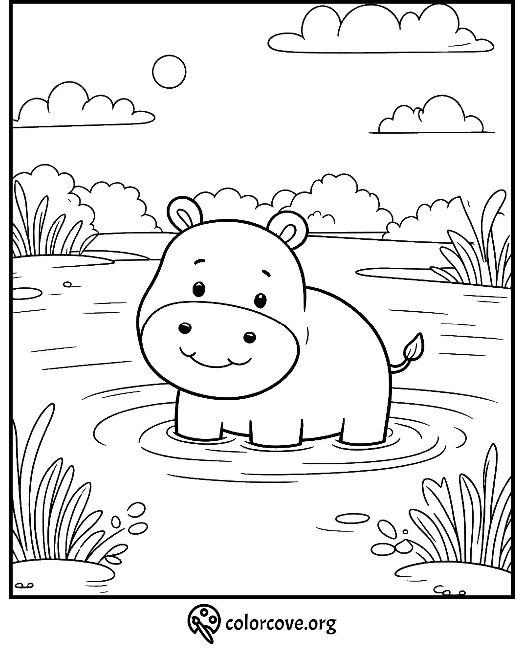 Coloring page of a cute hippopotamus standing in water with a scenic background of clouds, sun, and plants.