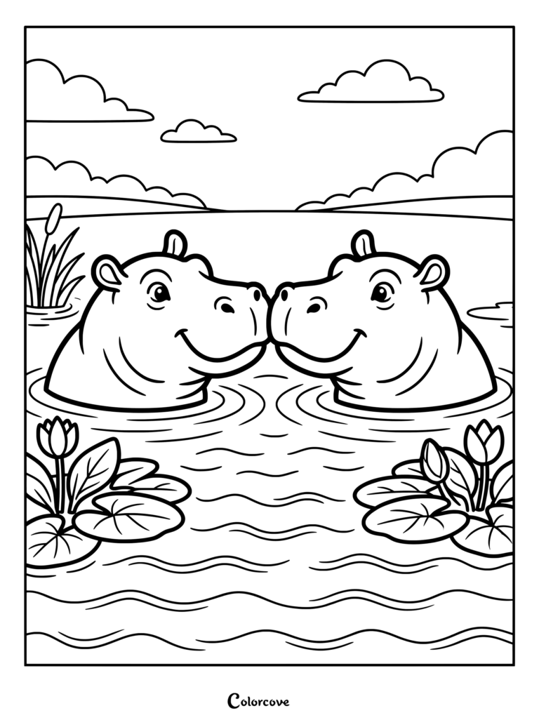 Printable coloring page of two friendly hippos nuzzling each other in a scenic river surrounded by water lilies.