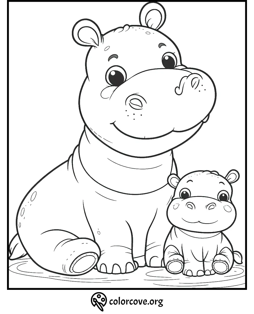 Hippo coloring page for kids featuring a cute mother and baby hippo sitting together. Printable art from colorcove.org.