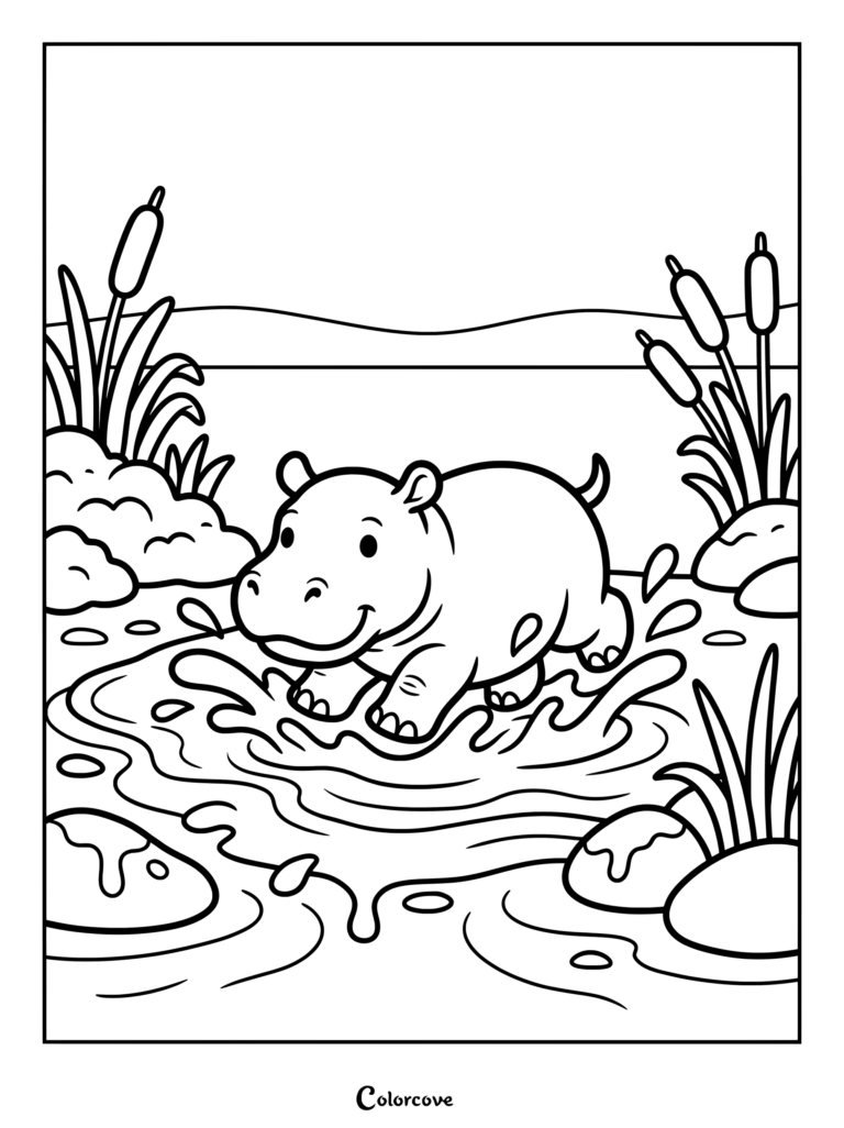A friendly hippo splashing joyfully in a muddy river, surrounded by reeds and rocks, featured in a coloring page.