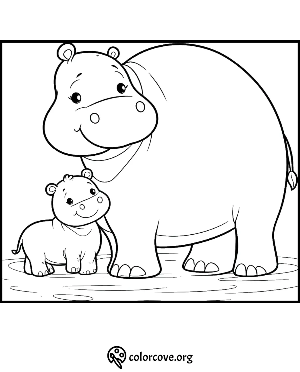 Hippo coloring page for kids featuring a cute baby hippo and its smiling mother standing together. Download and print for free.