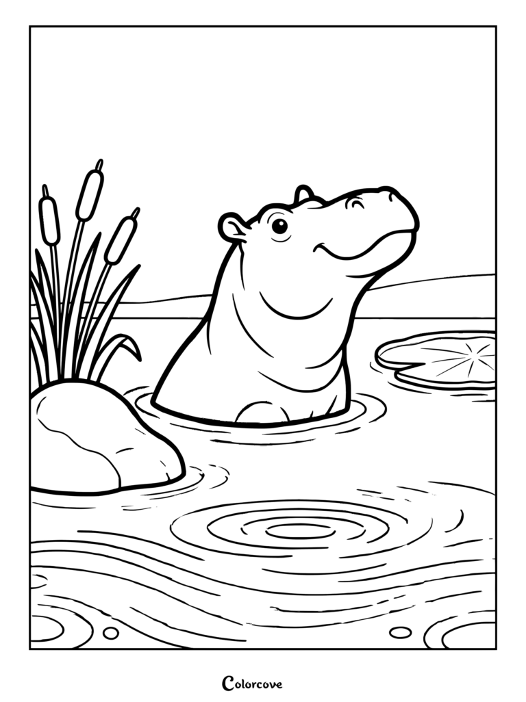 Friendly hippo smiling in the water coloring page with reeds and lily pads