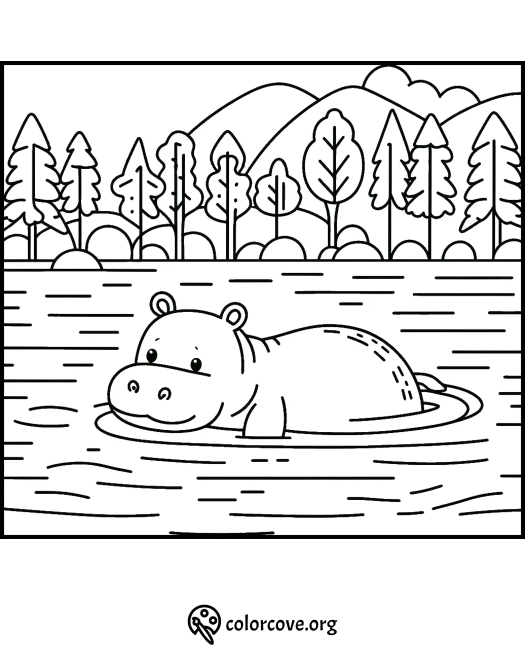 Hippo coloring page: a smiling hippo in a river with a forest and mountains in the background. Perfect for kids to color!