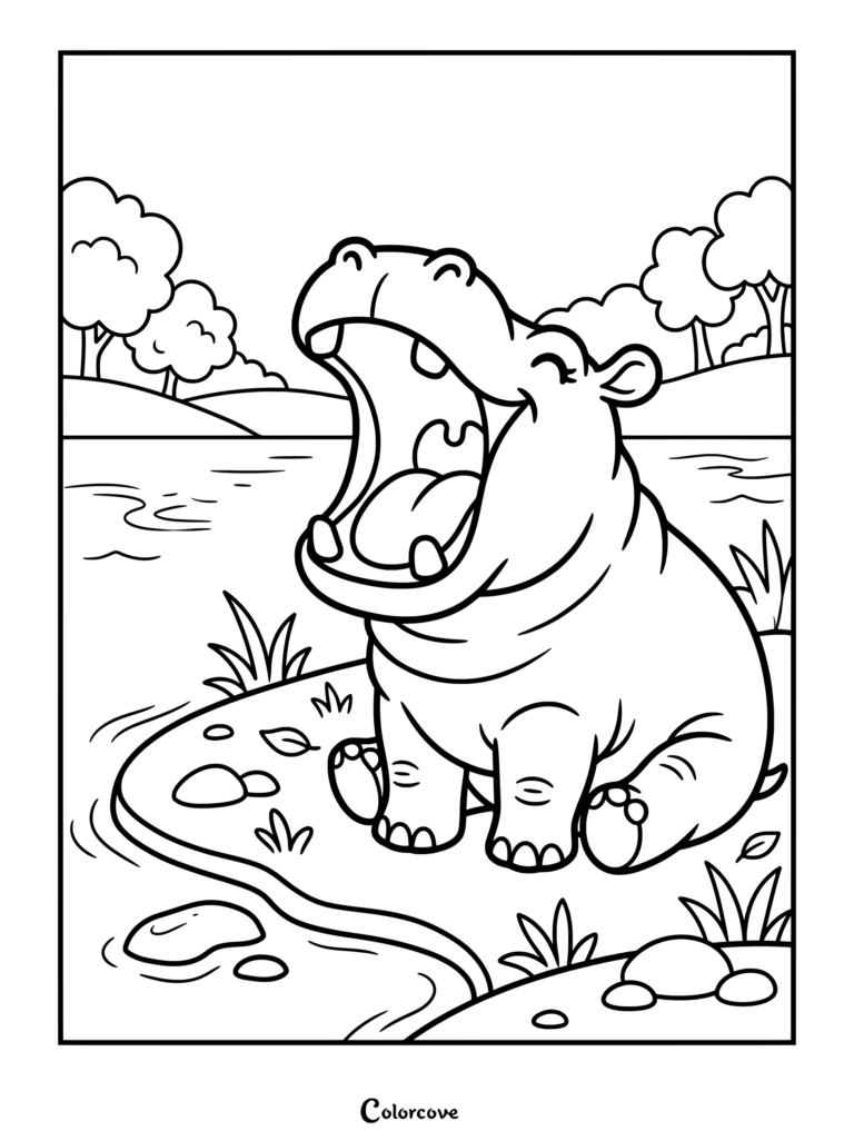 A cute cartoon hippo with a wide open mouth sitting by a riverbank coloring page