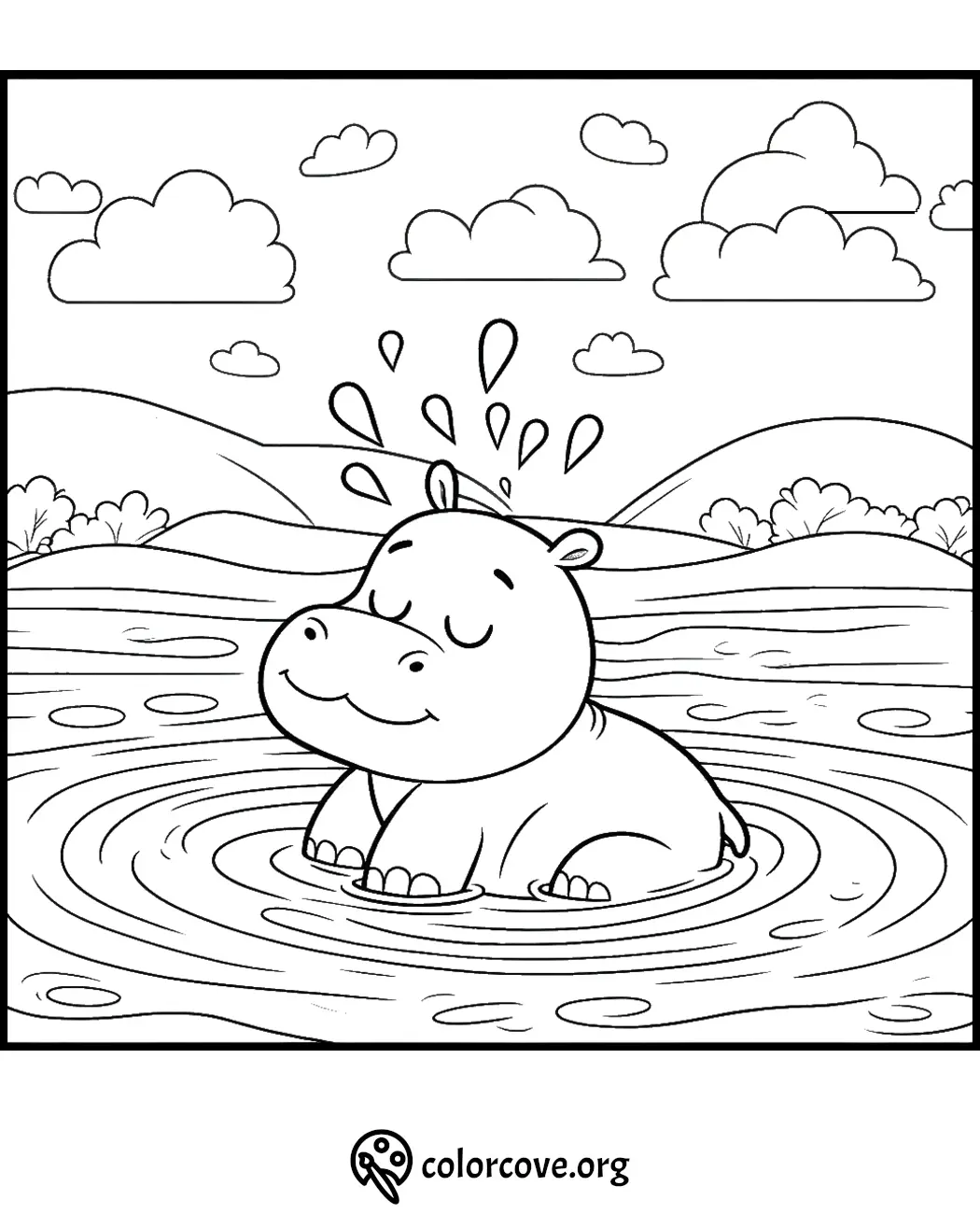 Cute hippo splashing in a pond coloring page with clouds and trees in the background.