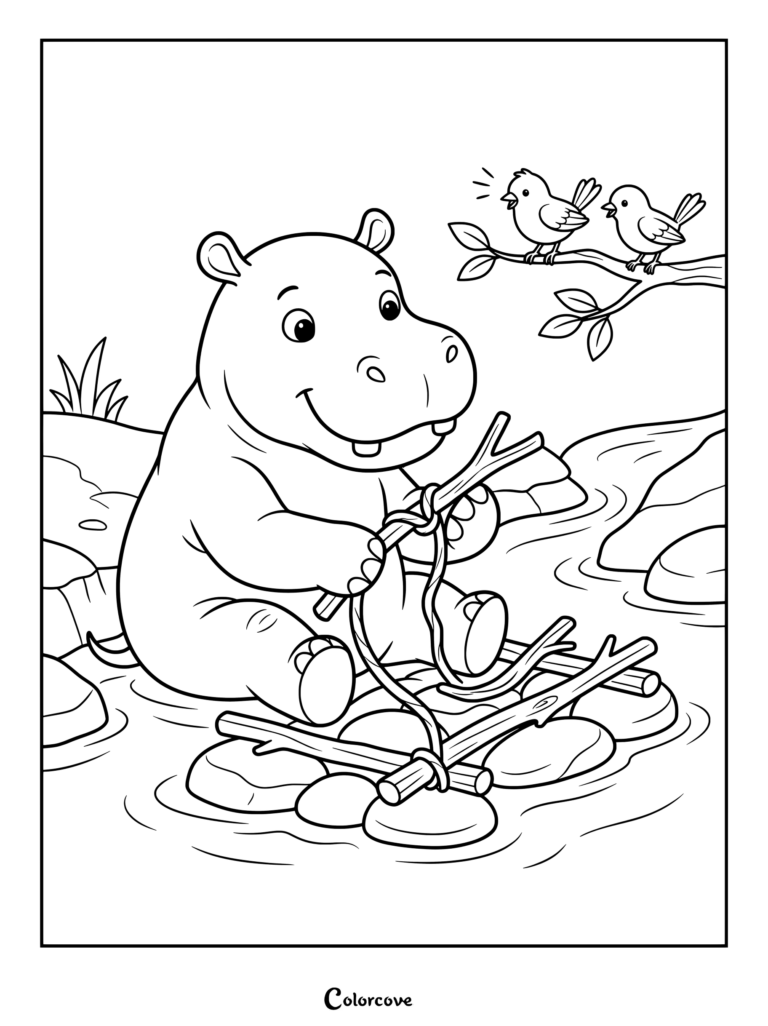 Friendly hippo tying wooden sticks together to build a raft in this free coloring page.