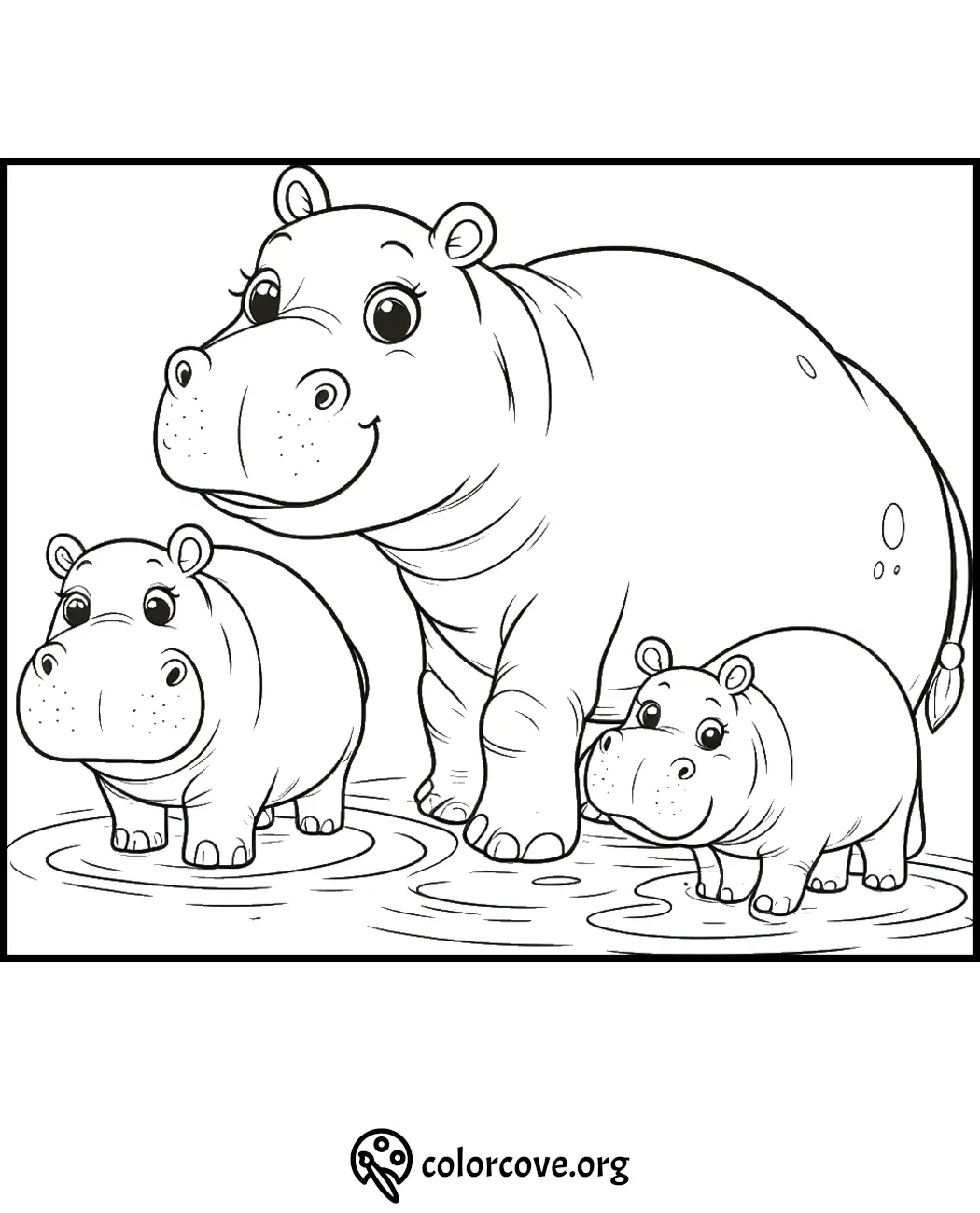 Cute hippo family coloring page with three hippos standing in water, perfect for kids. Colorcove.org.