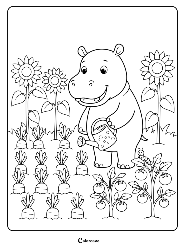 Hippo coloring page watering a vegetable garden with sunflowers and a cute caterpillar.