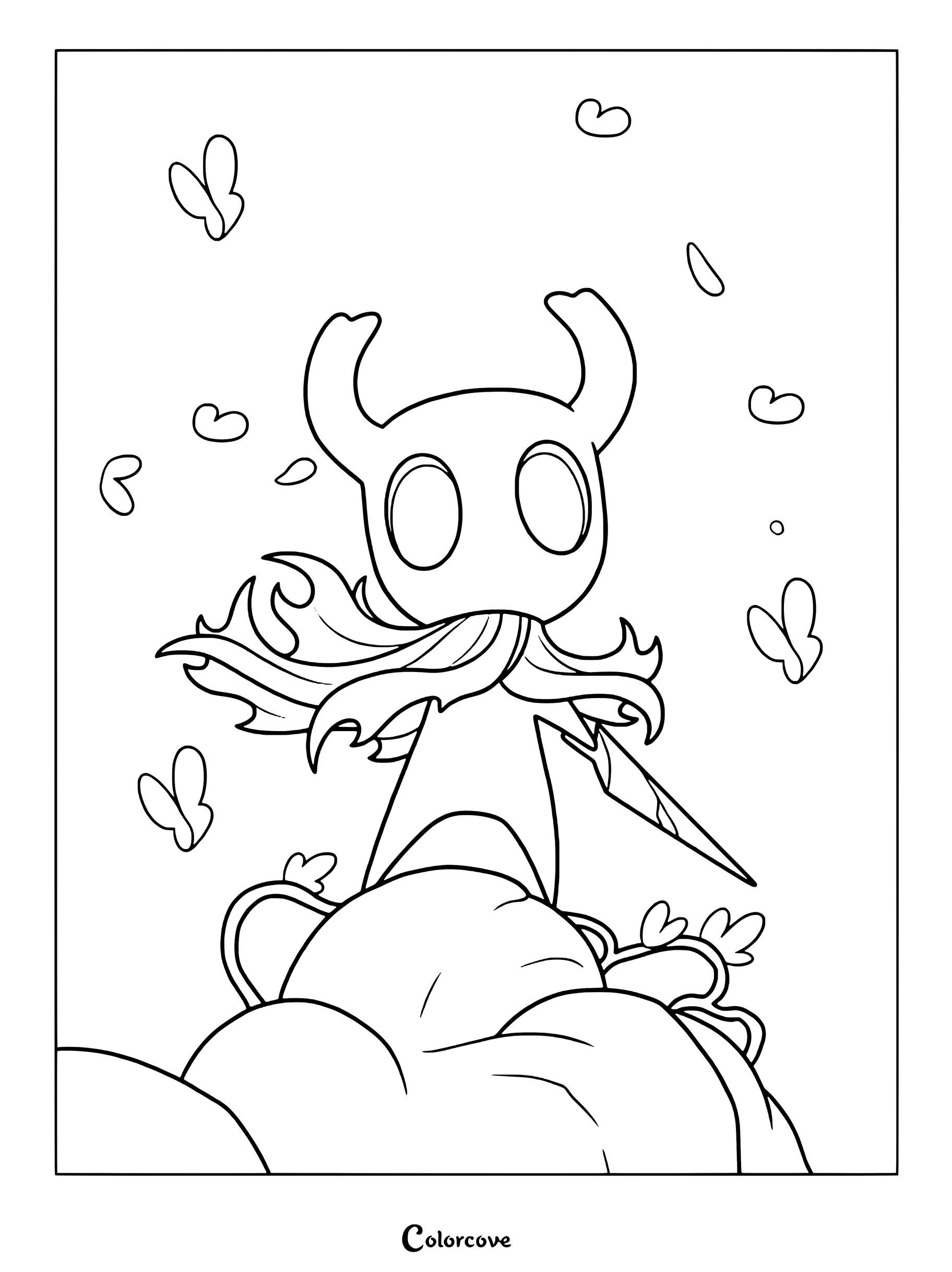 The Knight from Hollow Knight standing on a grassy mound with floating petals in this printable coloring page.