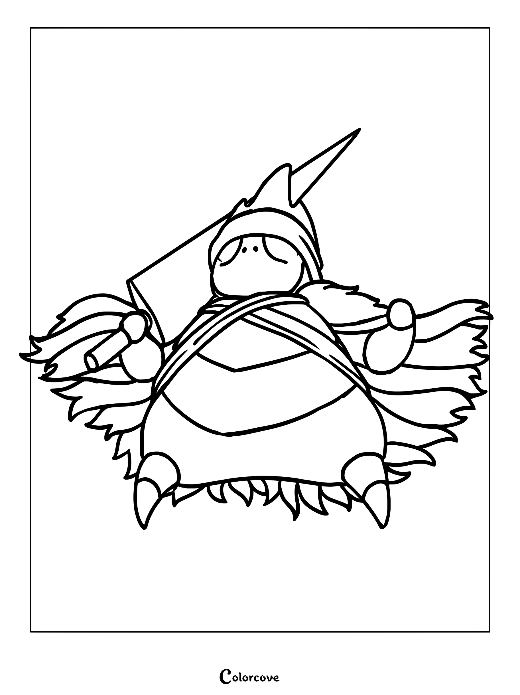 Nailmaster Mato from Hollow Knight holding his large nail, presented as a clean line art coloring page.