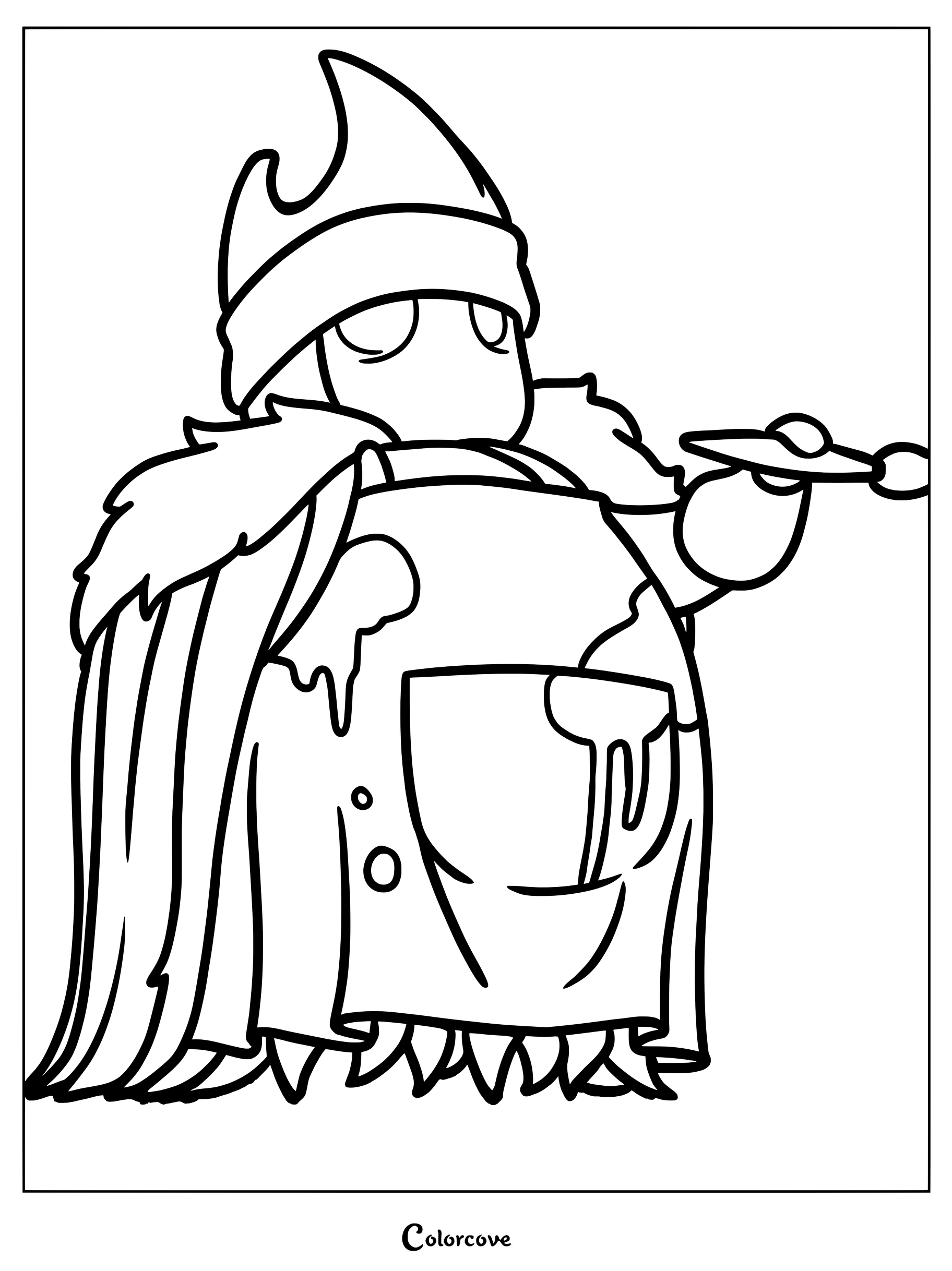 Nailmaster Sheo wearing an apron and holding a paintbrush in this Hollow Knight coloring page.