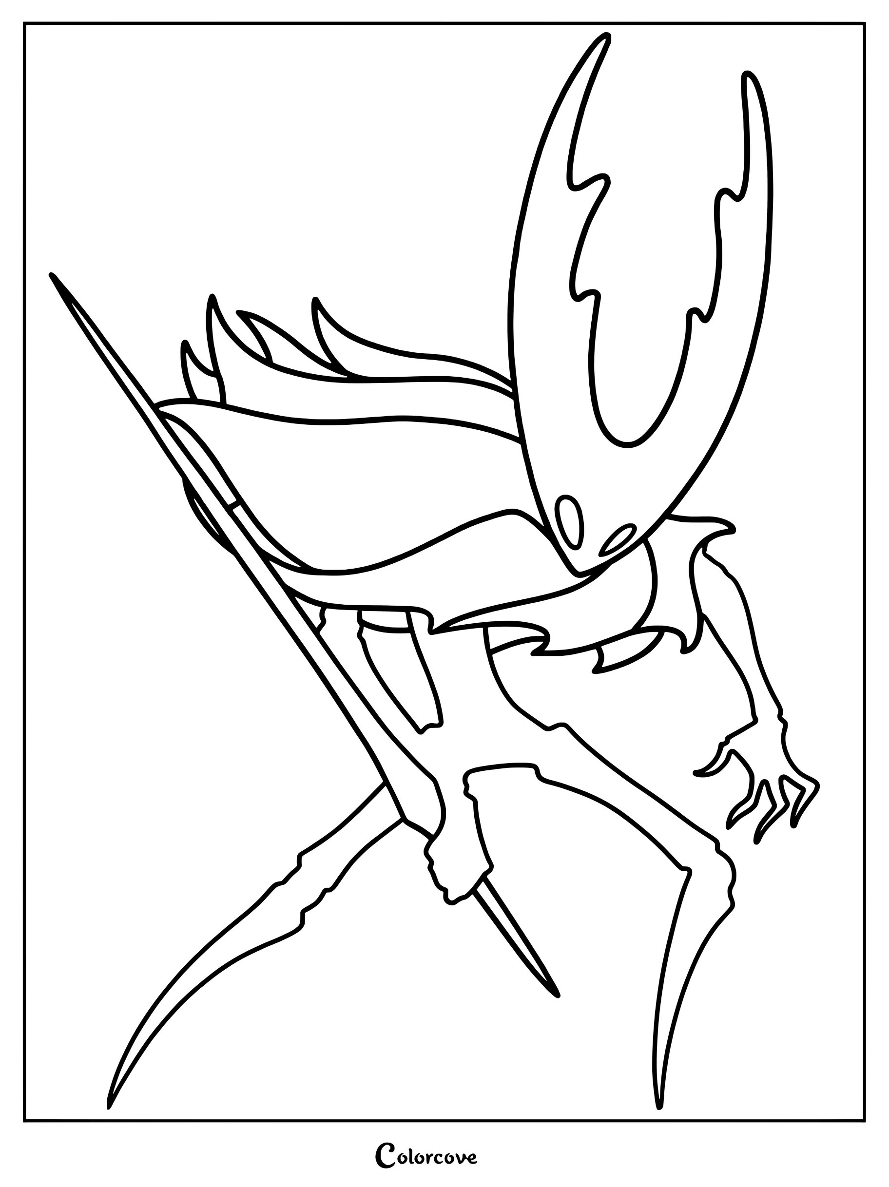 Pure Vessel from Hollow Knight holding a nail in a dynamic combat pose, black and white line art coloring page.