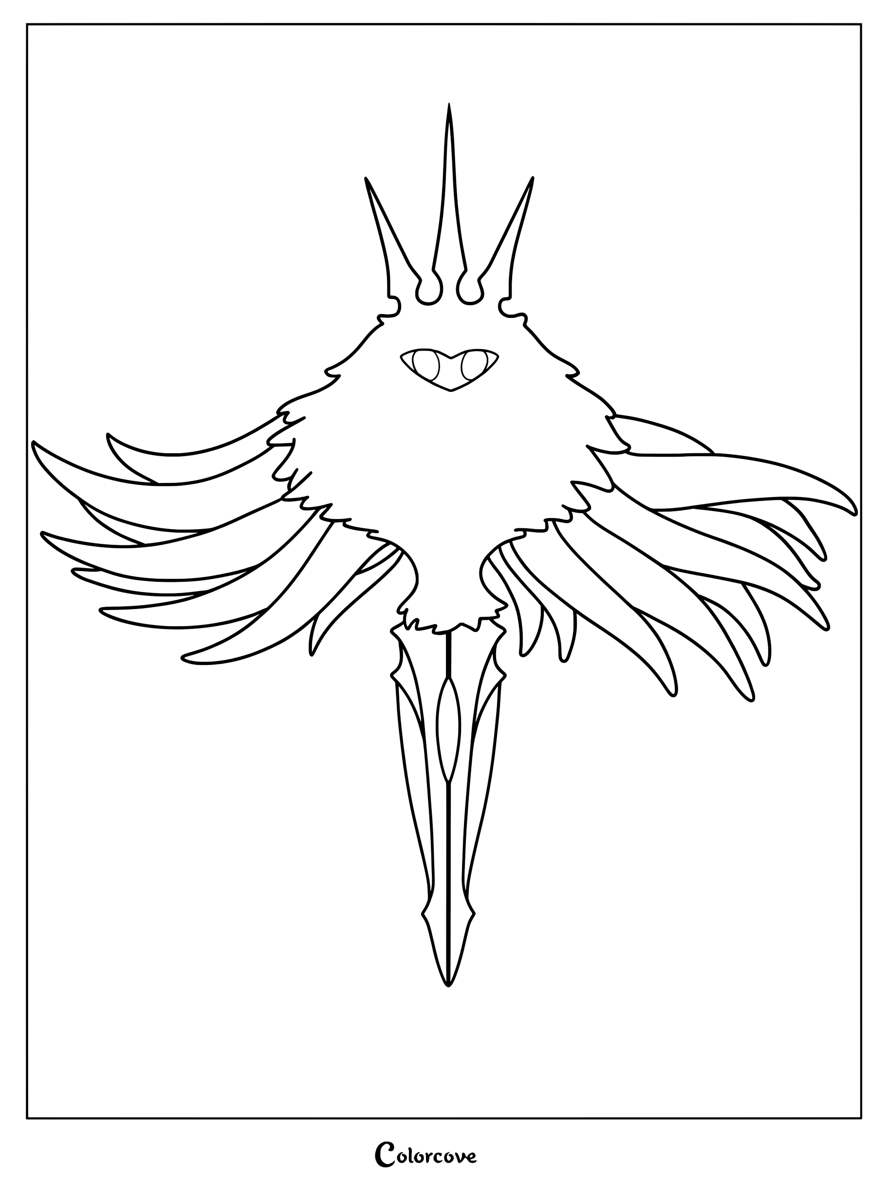 A detailed line art coloring page of The Radiance from Hollow Knight, featuring its iconic crown, glowing eyes, and expansive wings.