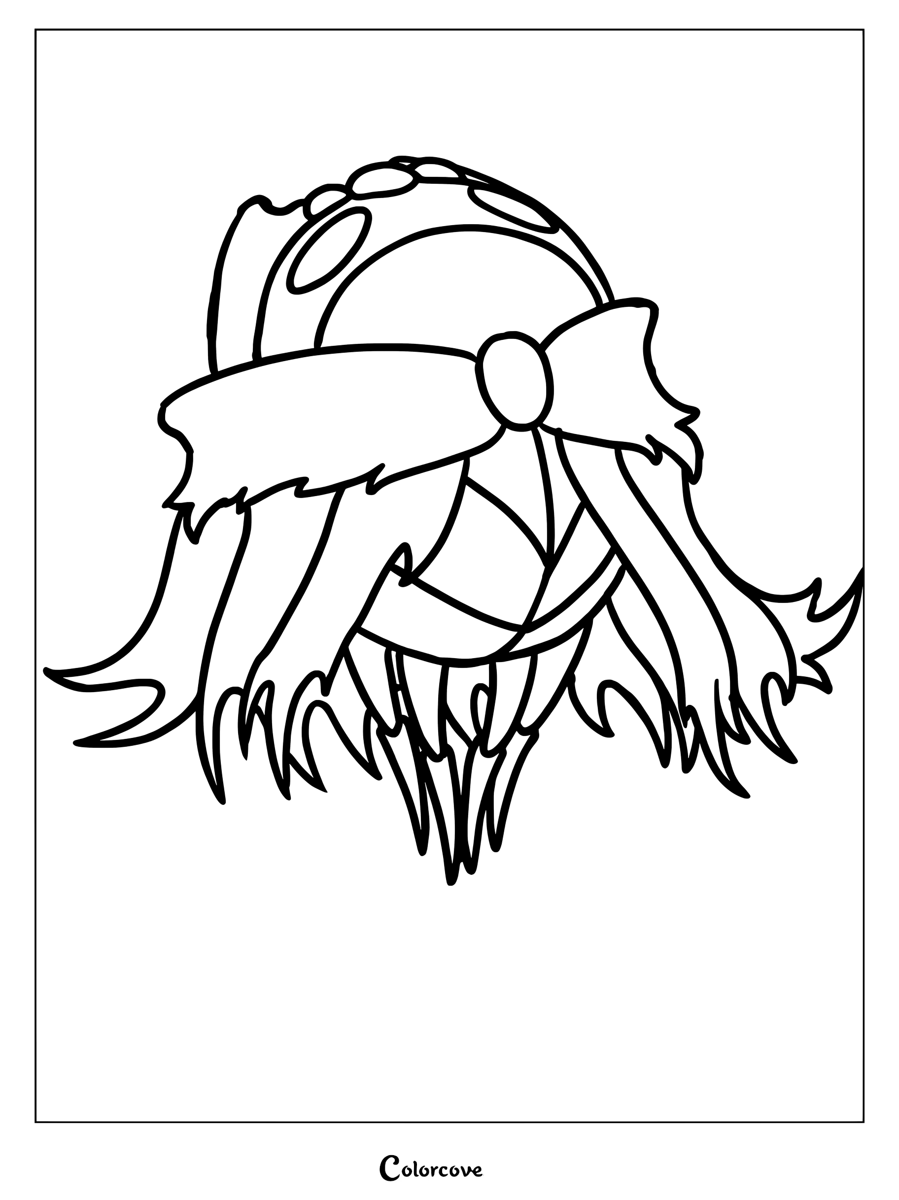 A detailed coloring page of the Soul Master from Hollow Knight, featuring his distinct mask, flowing robes, and jagged cape.
