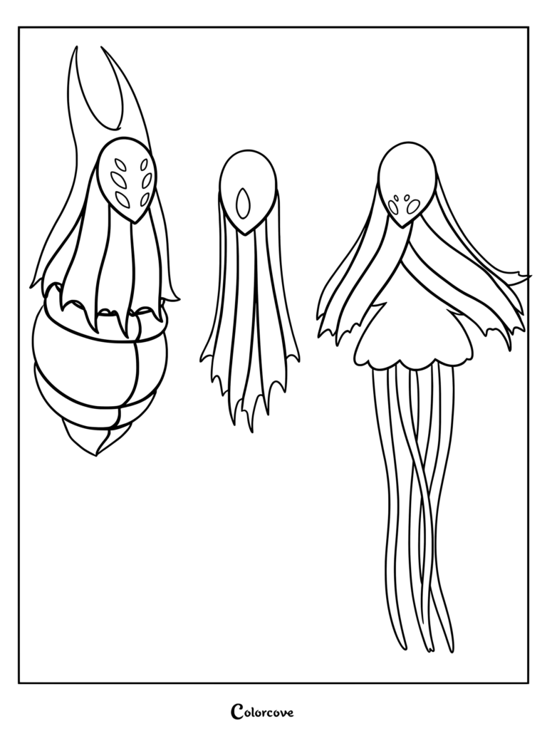 A printable coloring page featuring the three Dreamers from Hollow Knight: Lurien the Watcher, Monomon the Teacher, and Herrah the Beast.