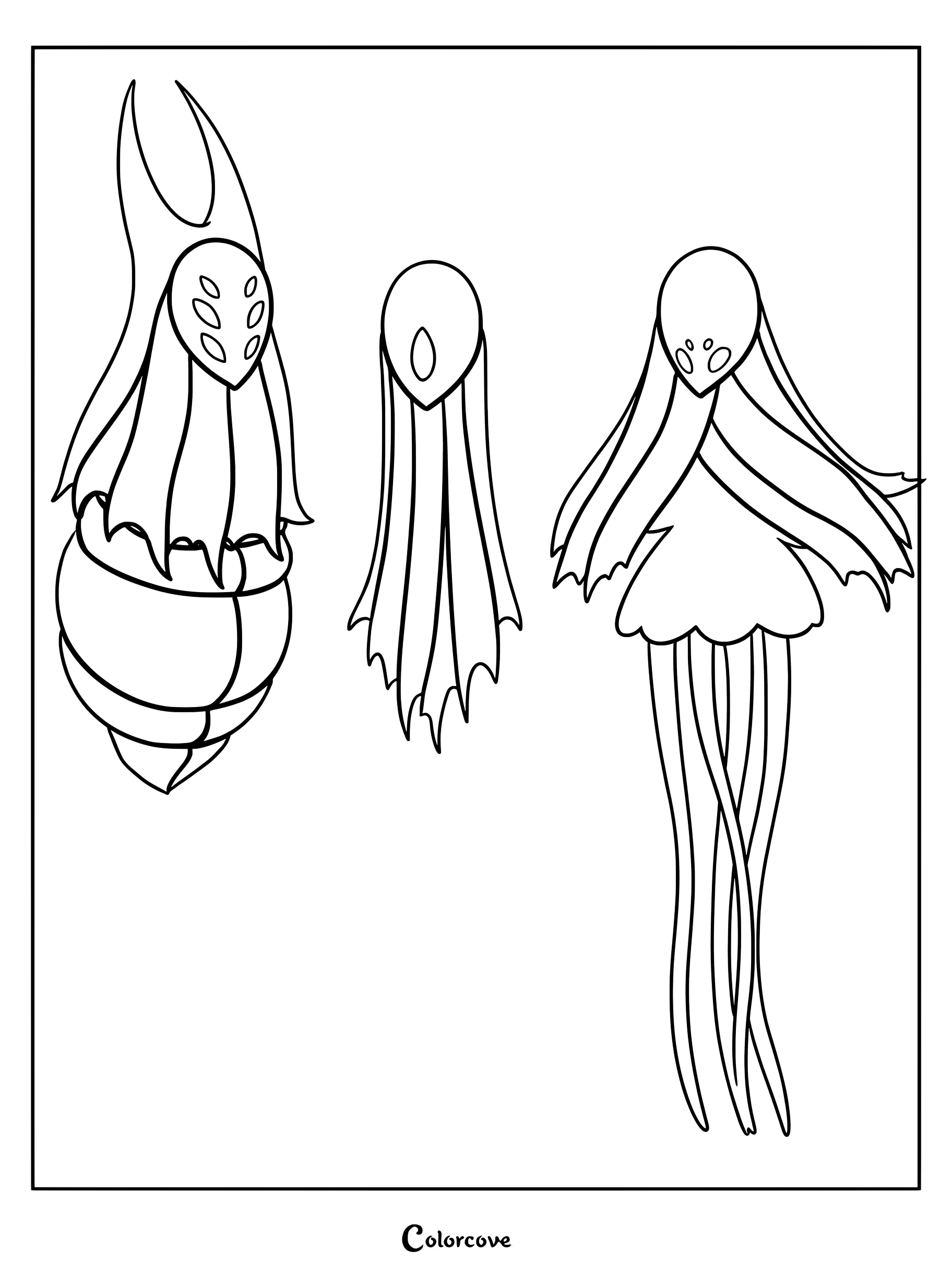 A printable coloring page featuring the three Dreamers from Hollow Knight: Lurien the Watcher, Monomon the Teacher, and Herrah the Beast.
