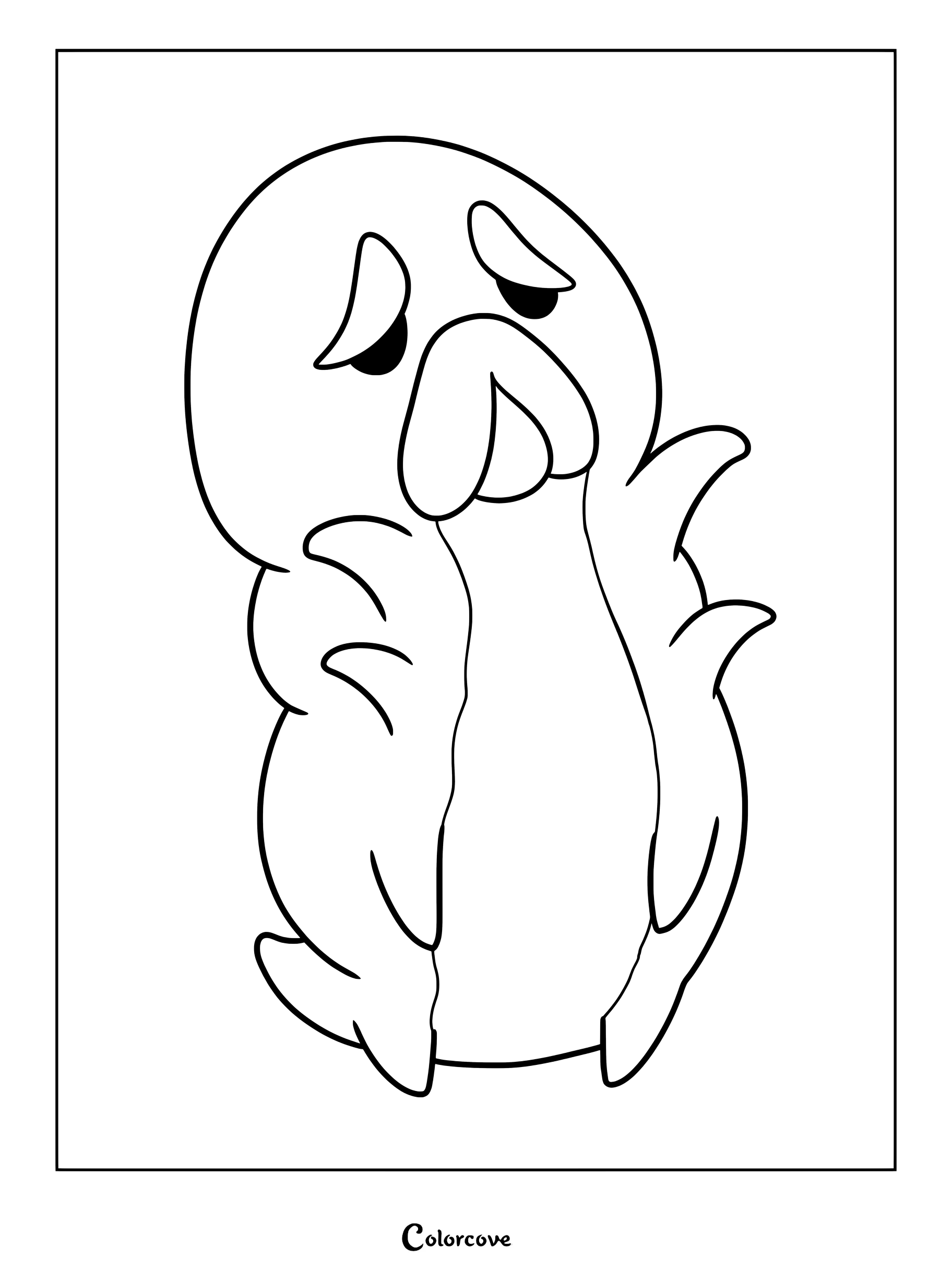 A simple line art coloring page of The Grubfather from Hollow Knight with his signature sad expression and rounded body shape.