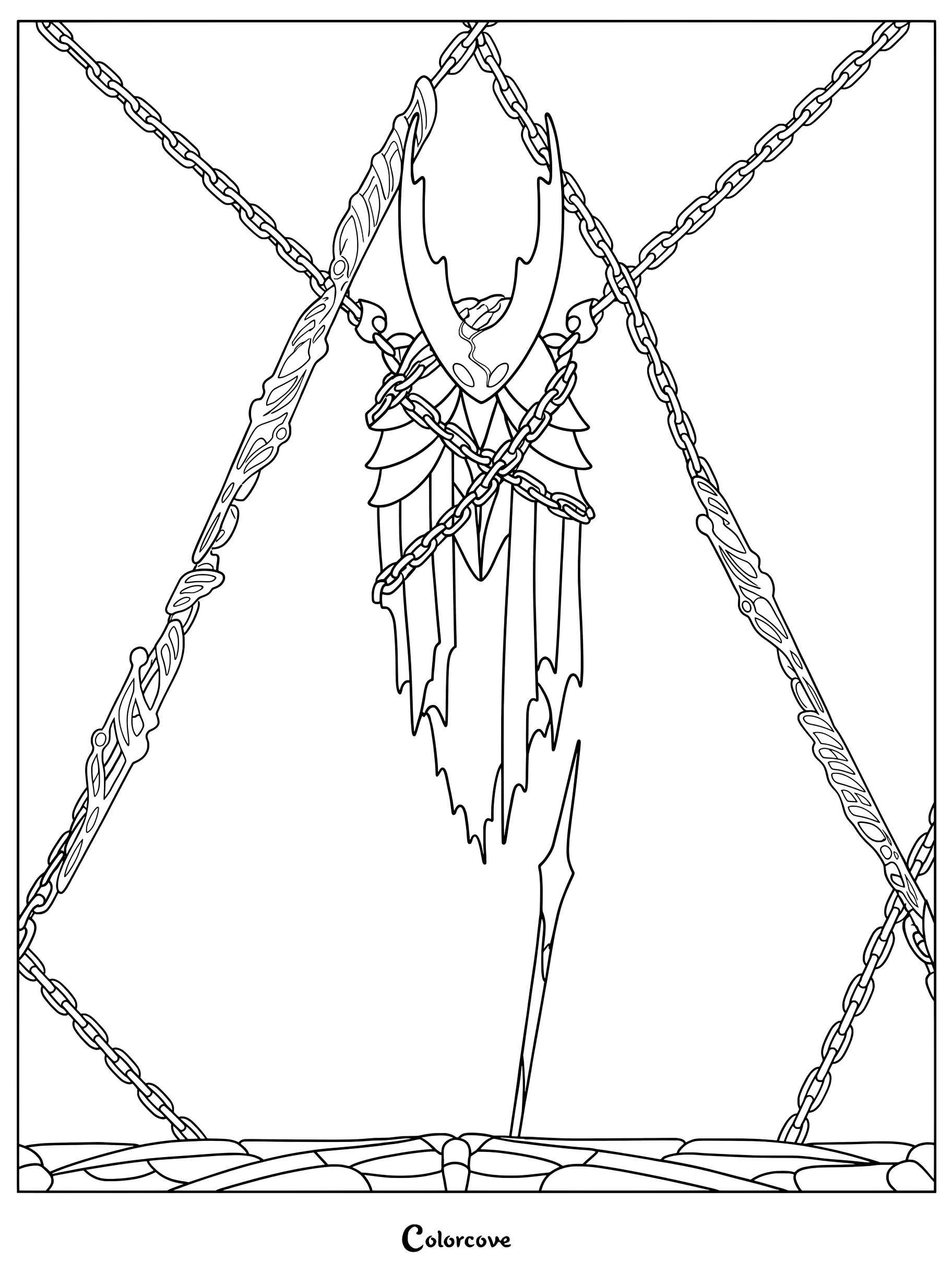 The Hollow Knight suspended in mid-air by heavy metal chains in this detailed Hollow Knight coloring page.