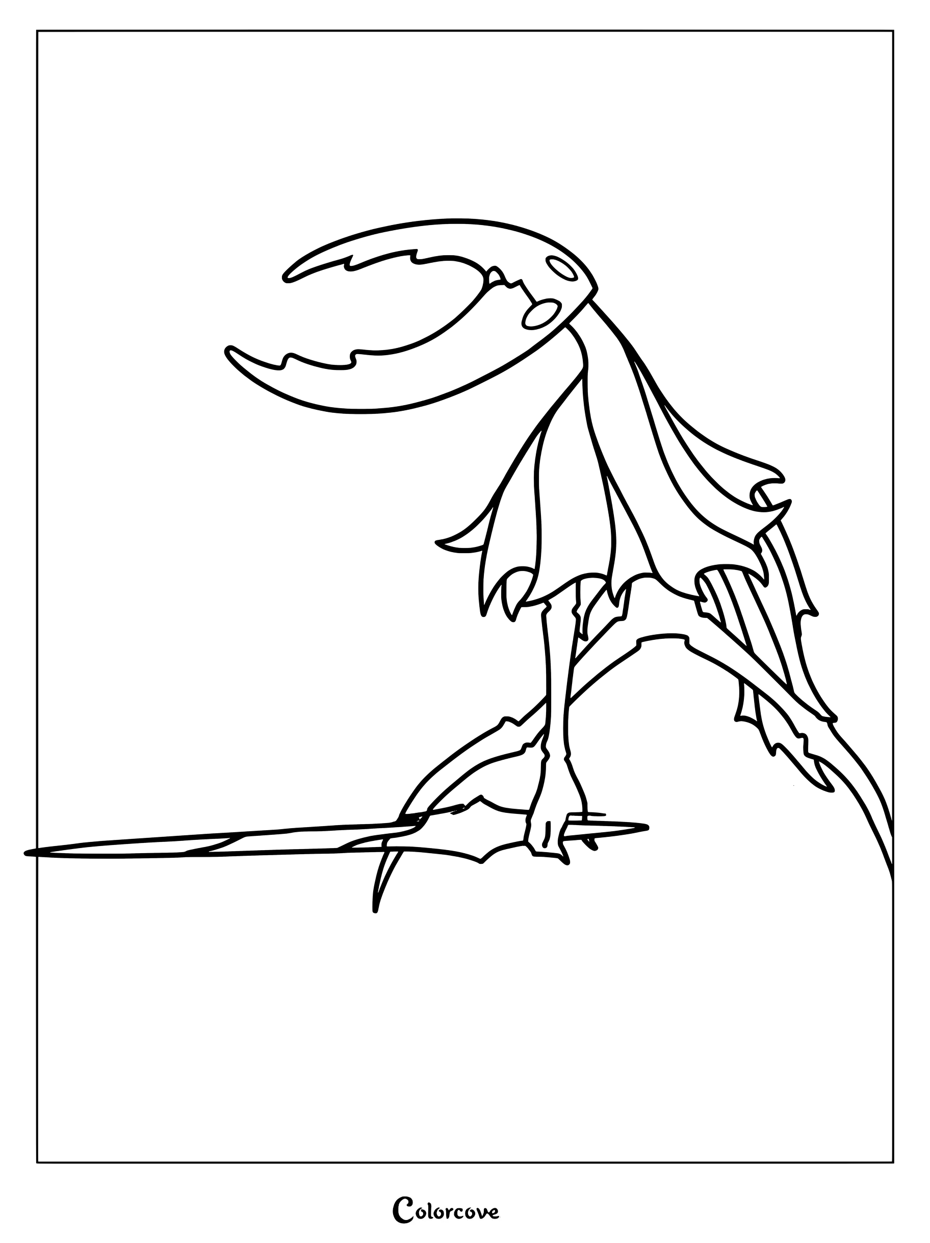 The Hollow Knight holding a nail in a dynamic battle stance, detailed line art coloring page.