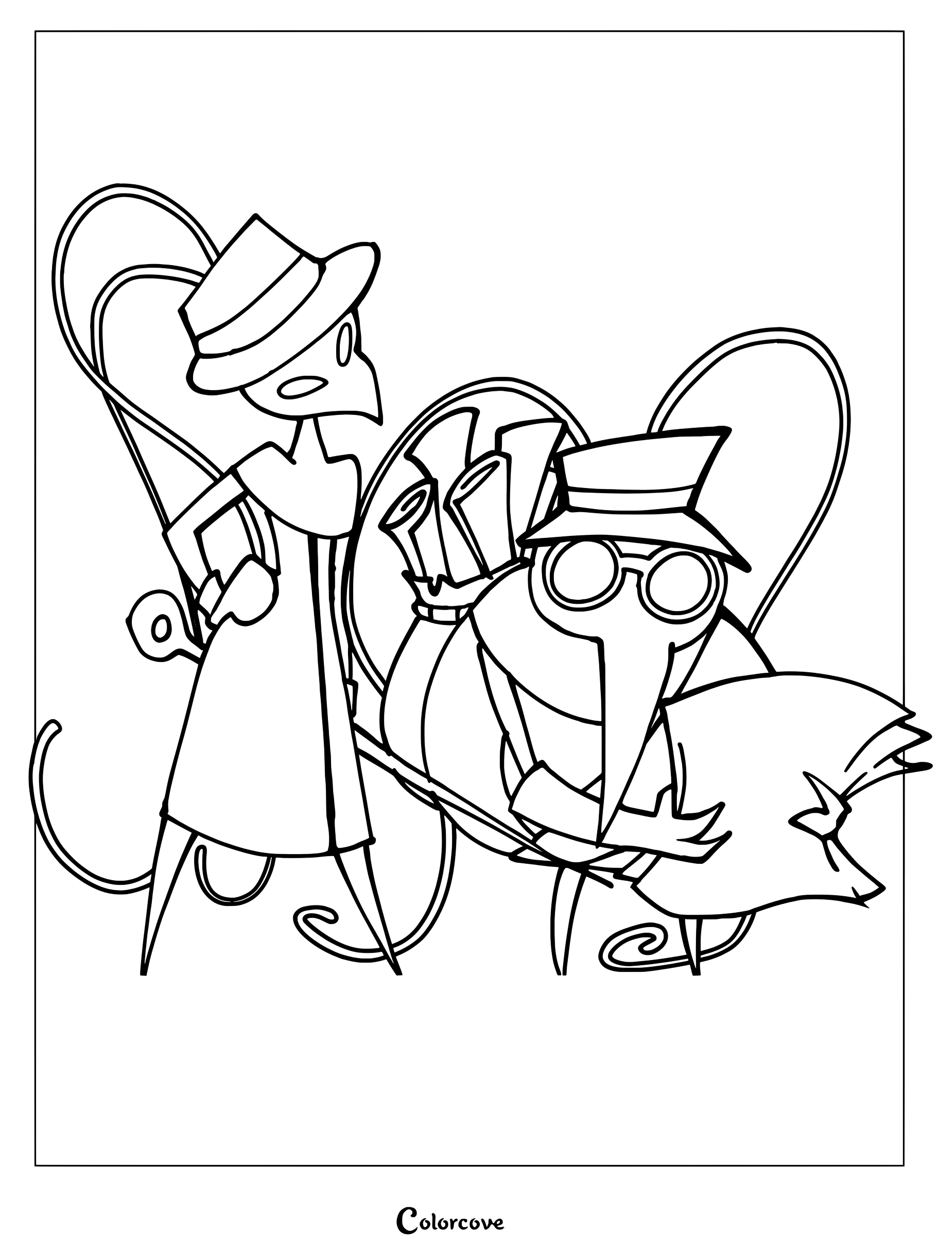Cornifer wearing his signature hat and glasses while holding a map, standing next to Iselda in this Hollow Knight coloring page.