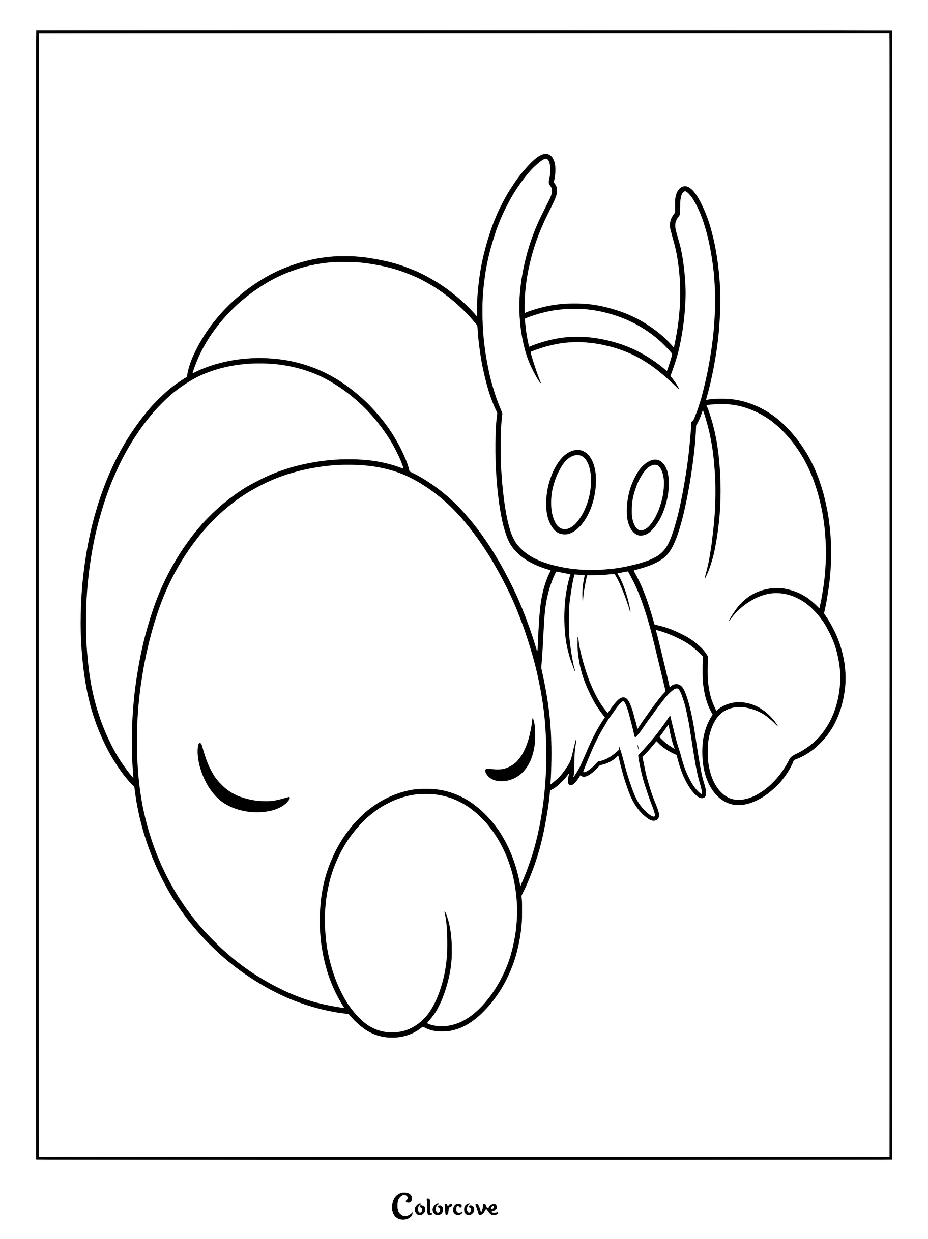 The Knight sitting next to a sleeping Grub in this Hollow Knight coloring page.