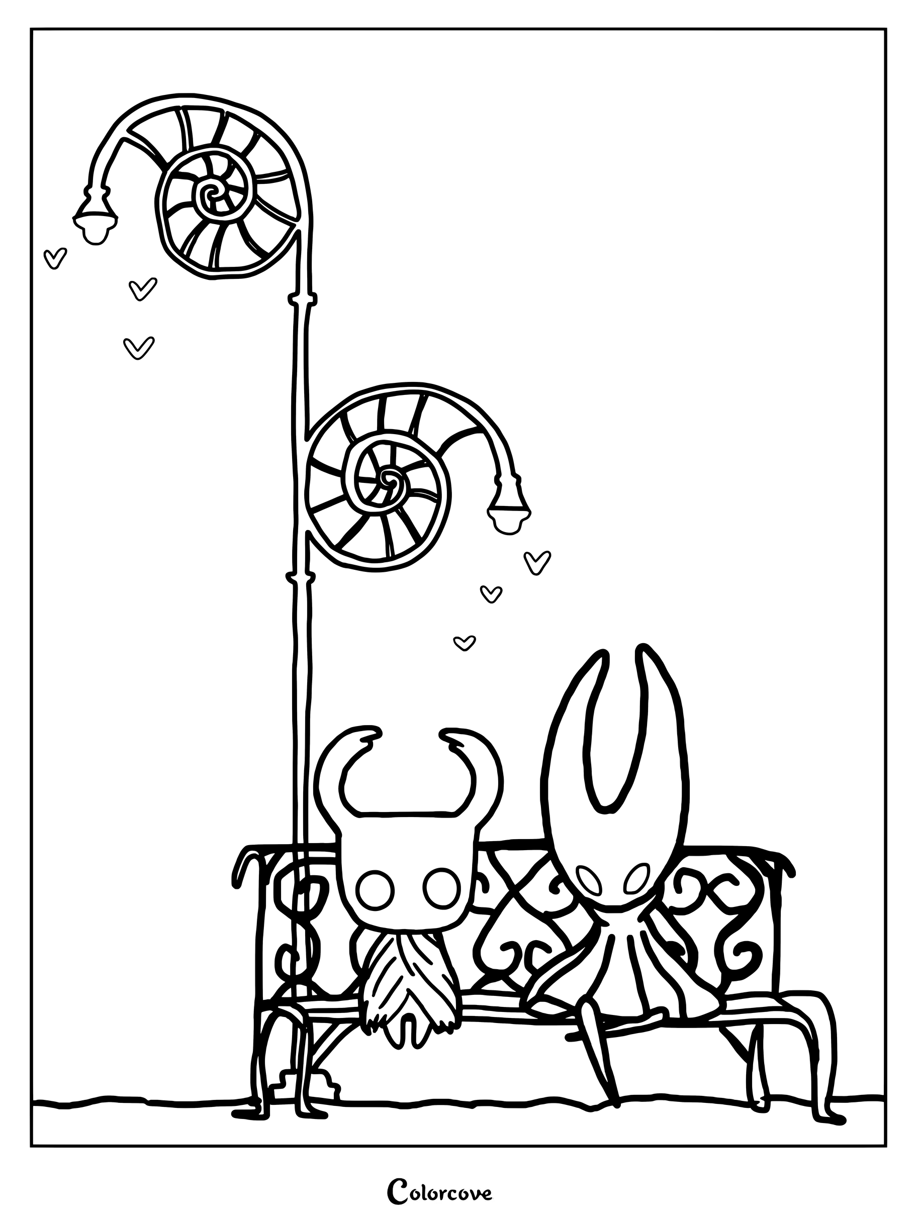 The Knight and Hornet sitting together on a bench under spiral street lamps, a romantic Hollow Knight coloring page.