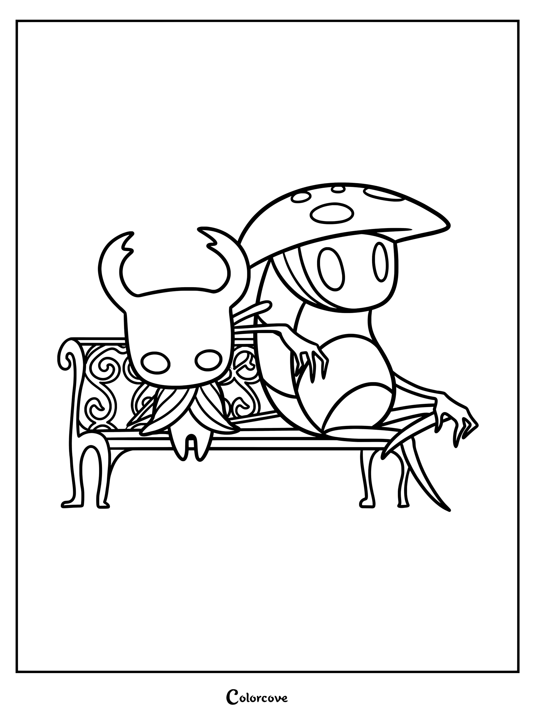 The Knight and Quirrel from Hollow Knight sitting together on a bench in this printable coloring page.