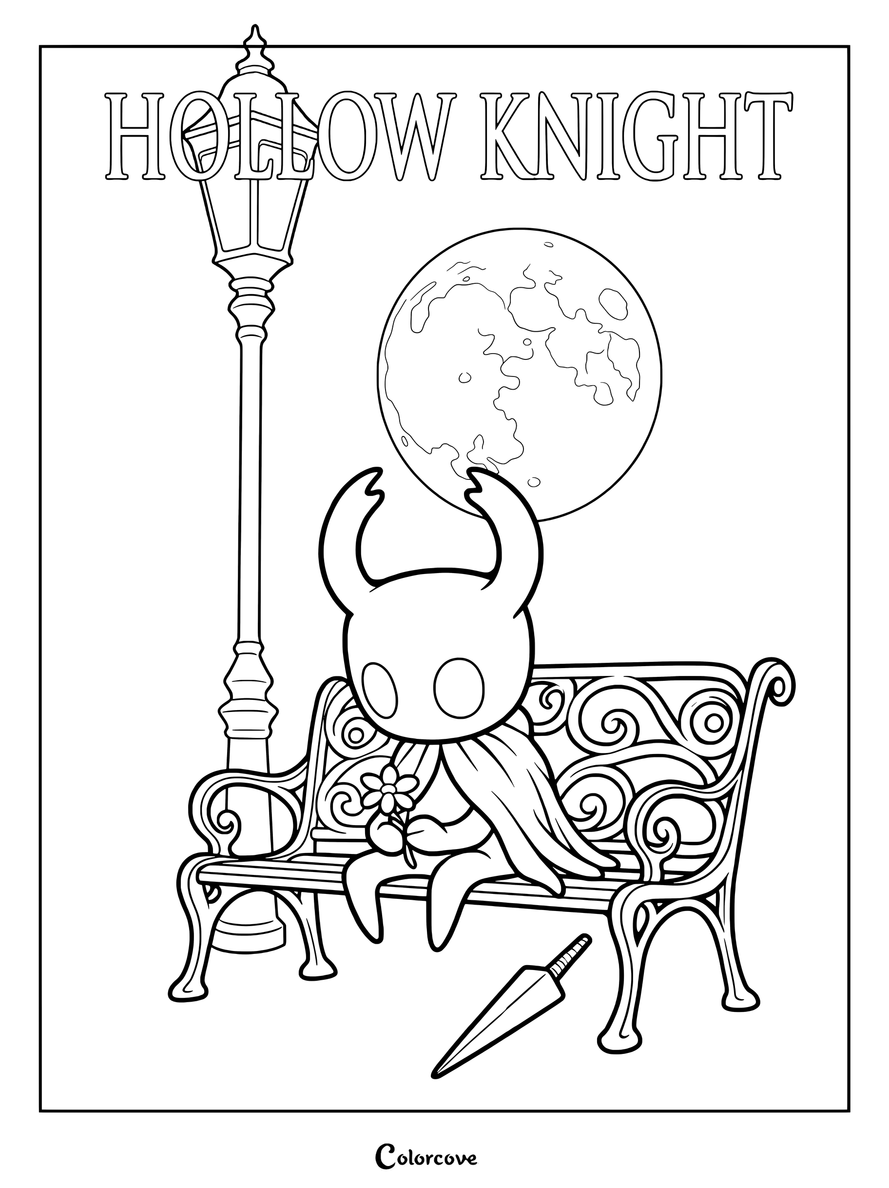 The Knight sitting on a bench holding a flower under a streetlamp and moon, Hollow Knight coloring page.