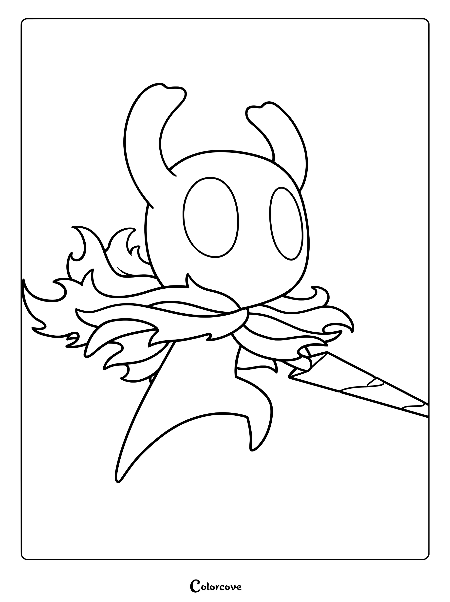 The Knight from Hollow Knight holding a nail in a dynamic pose, printable coloring page.
