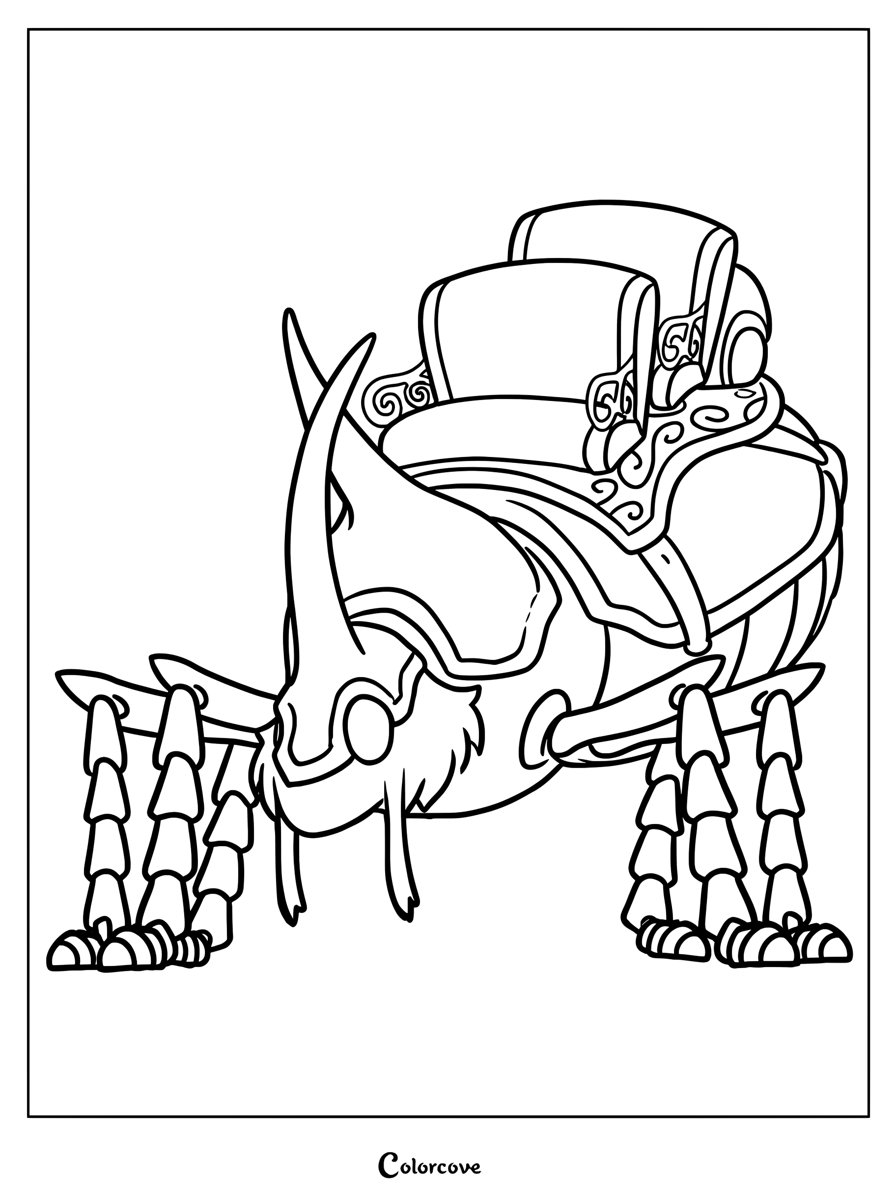 The Last Stag from Hollow Knight with his ornate saddle, presented as a detailed line art coloring page.