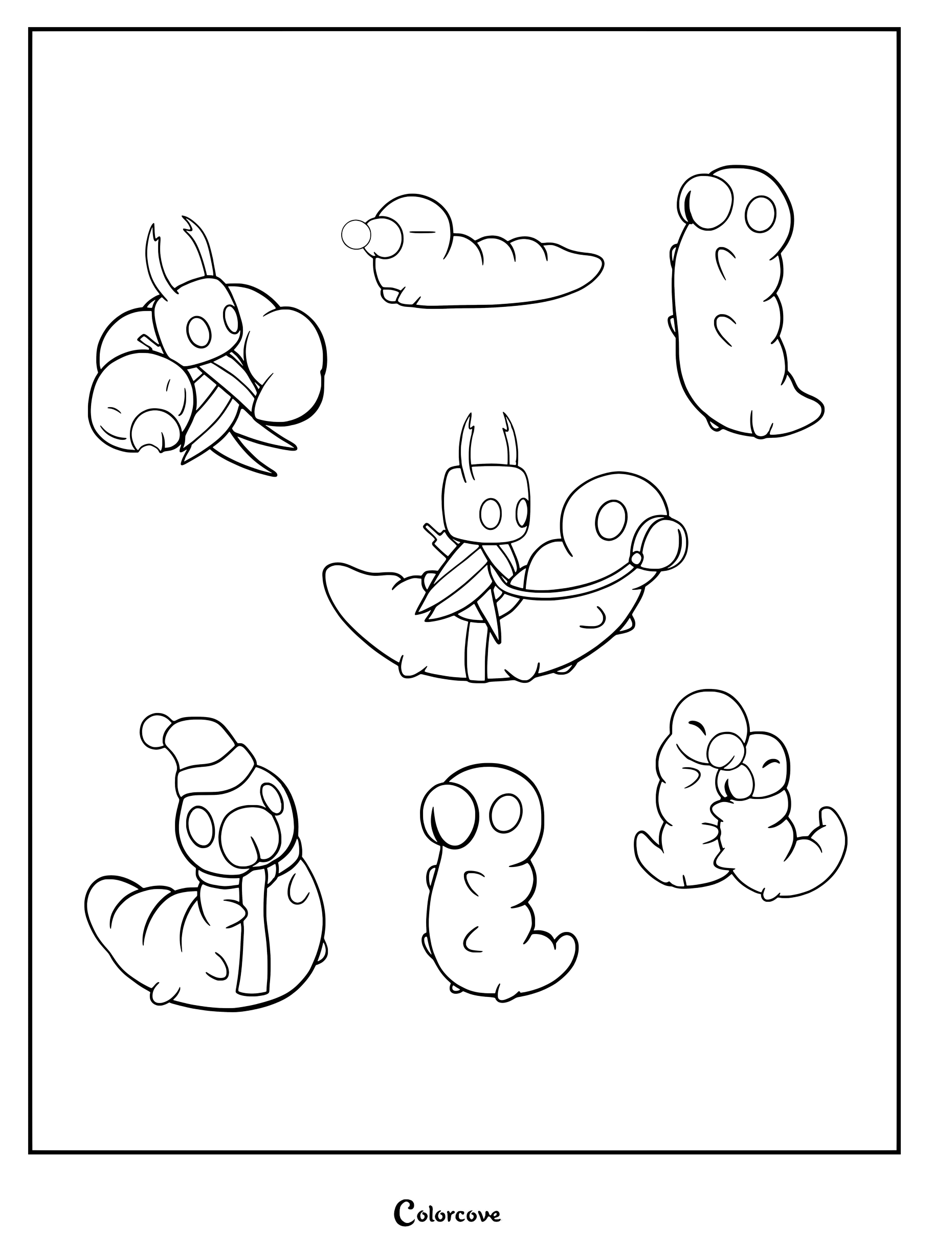 A printable coloring page featuring various Grub characters from Hollow Knight in different poses, including one wearing a winter hat and scarf, and another being ridden by the Knight.