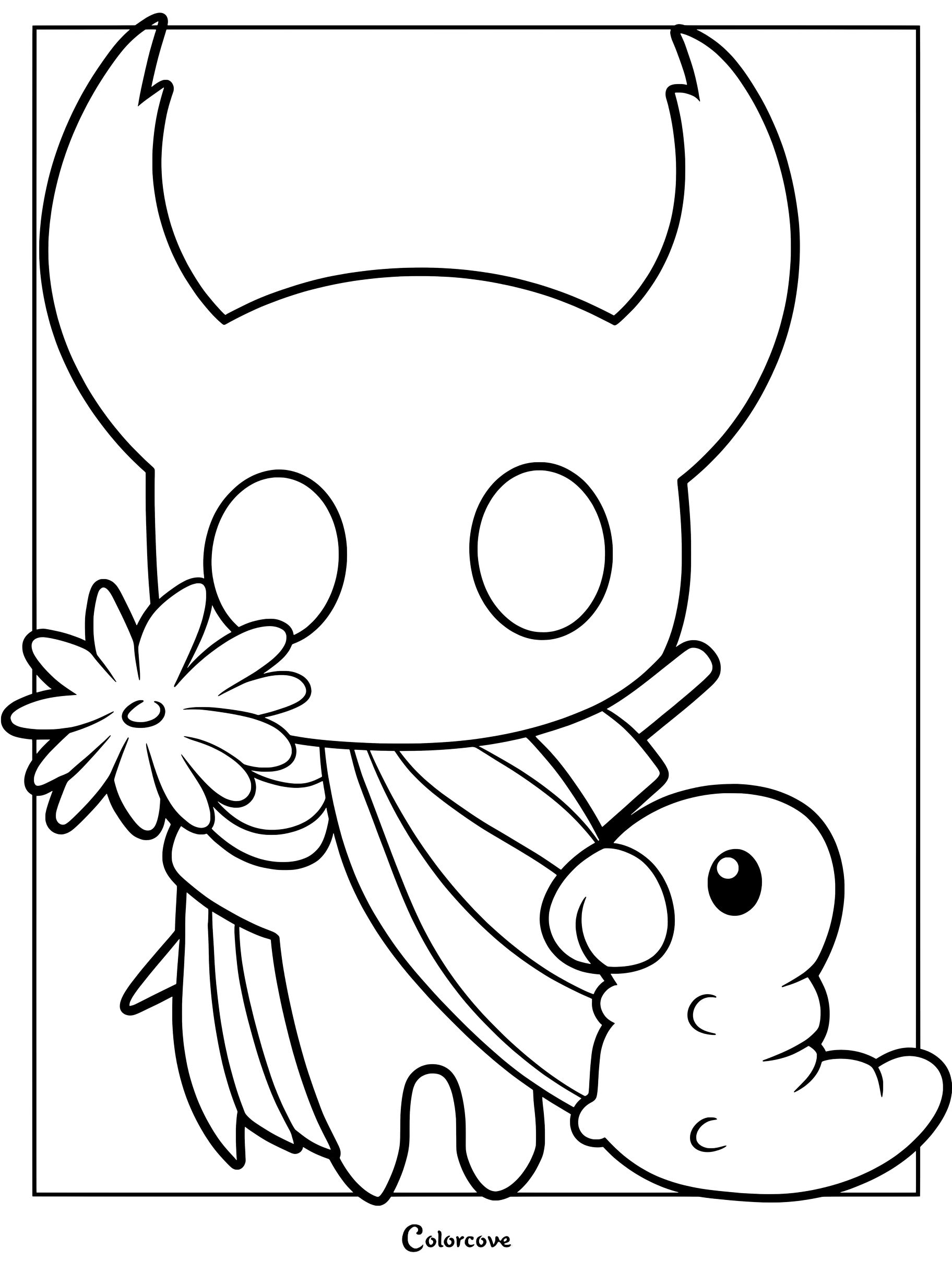 The Knight from Hollow Knight holding a fragile flower next to a cute green grub in this printable coloring page.