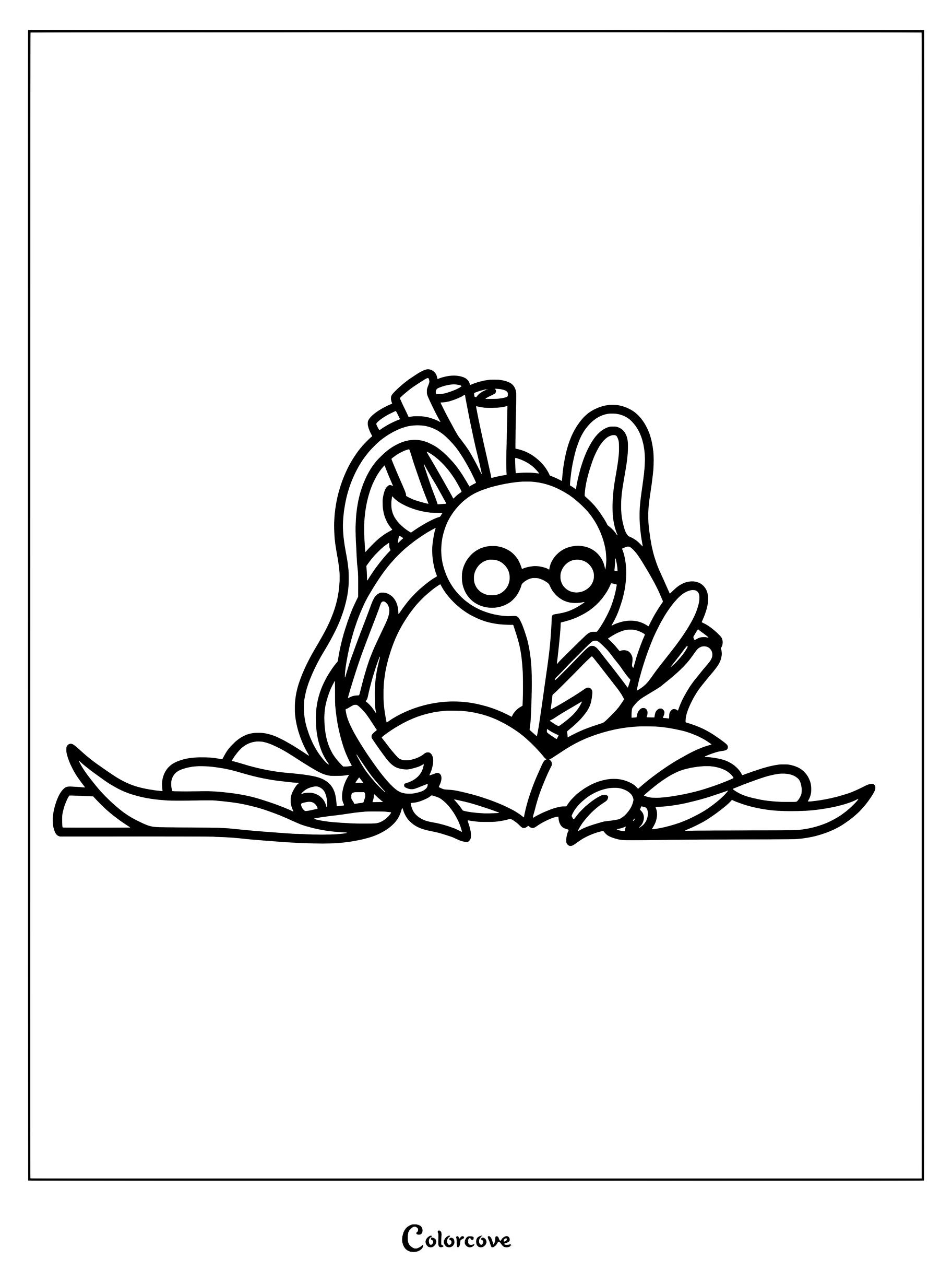Cornifer the cartographer sitting surrounded by maps and scrolls in this Hollow Knight coloring page.