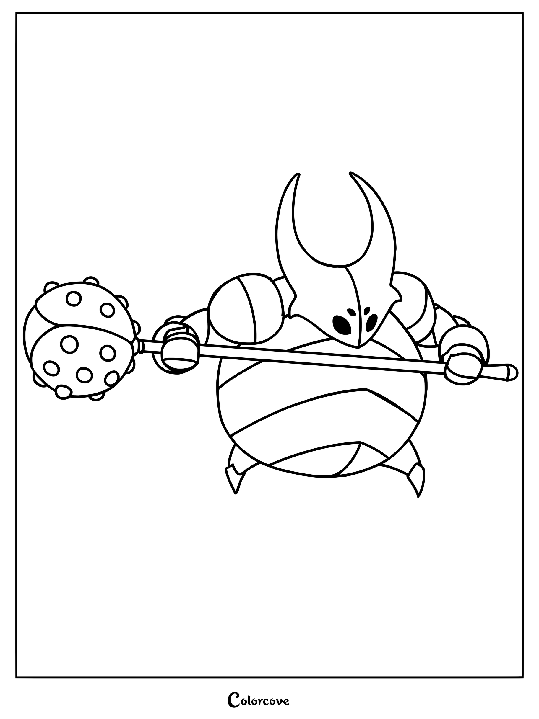 False Knight holding his large spiked mace in a Hollow Knight coloring page illustration.