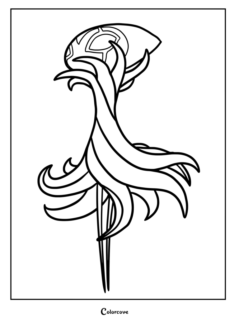 Grimm from Hollow Knight in his transformed cloak state, a detailed black and white line art coloring page.