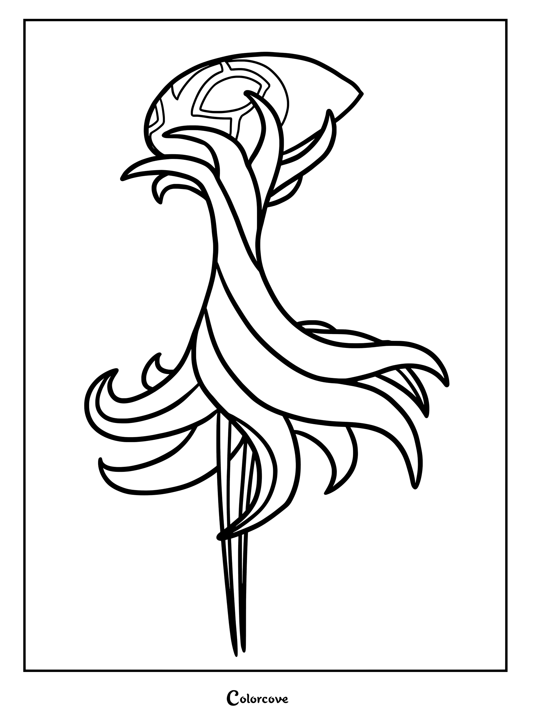 Grimm from Hollow Knight in his transformed cloak state, a detailed black and white line art coloring page.
